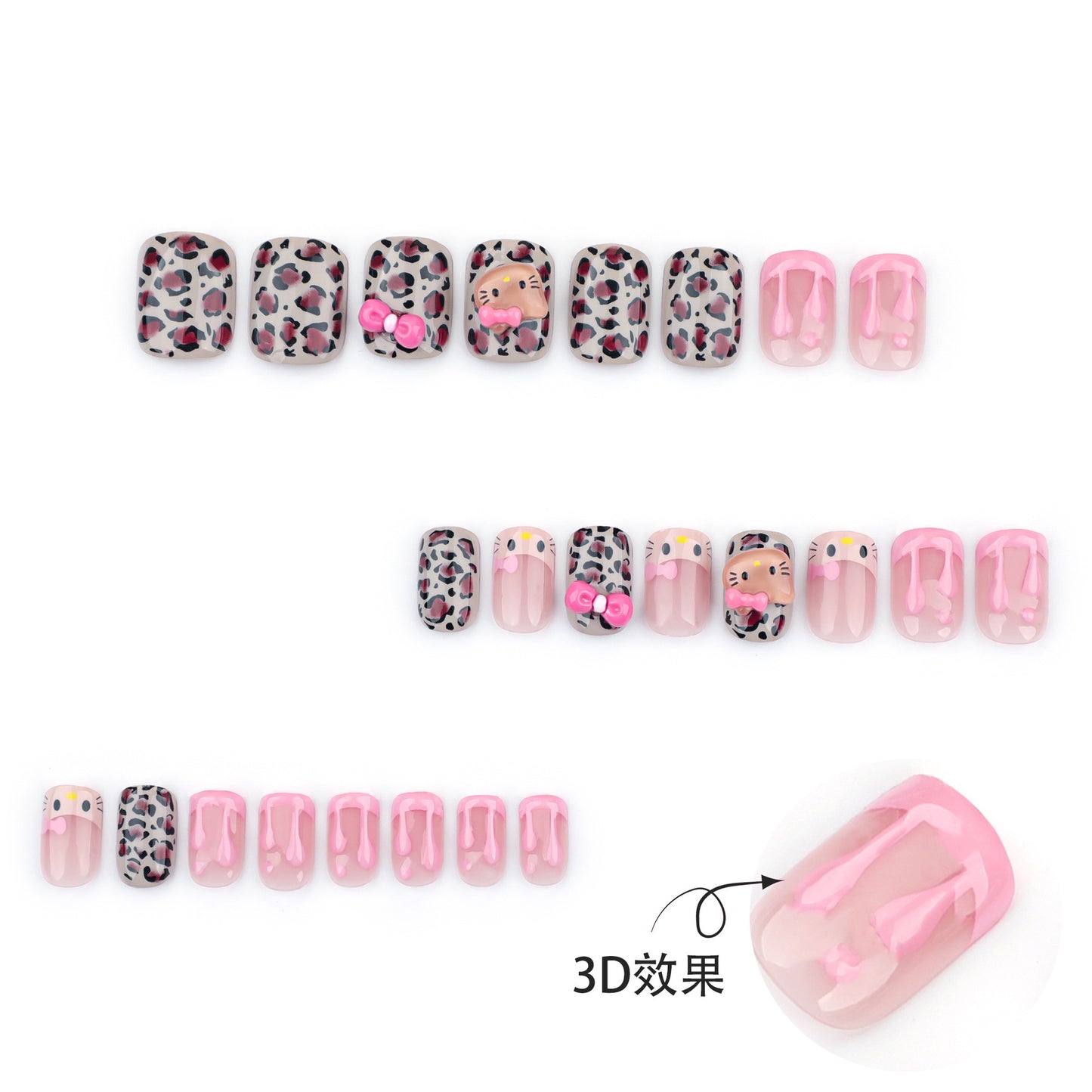 Unhas de pressão com laço de gato tridimensional, manicure francesa 3D em bolo de creme rosa, peça de unha com estampa de leopardo para outono e inverno|365nails