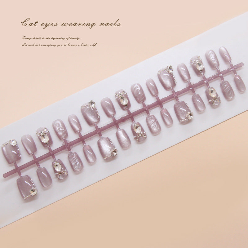 Pontas de unha pré-fabricadas, unhas postiças, peça removível de unha estilo olho de gato lavanda simples, remendo de unha curta tridimensional em T|365nails