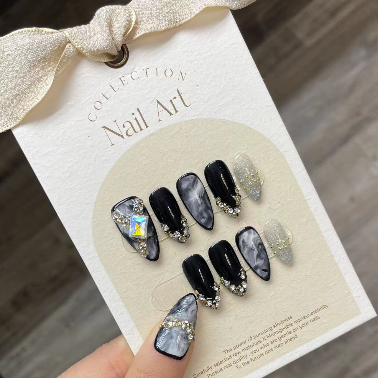 Dark smudge black spice girl cold wind drag handmade press on nails almond nail art handmade press on nails finished product factory | 365nails