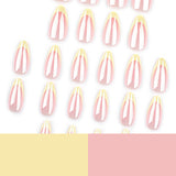 Uñas francesas con recubrimiento de polvo desnudo, sencillas y con borde amarillo, manicura corta en almendra, pieza de uña de gran venta al por mayor | 365nails