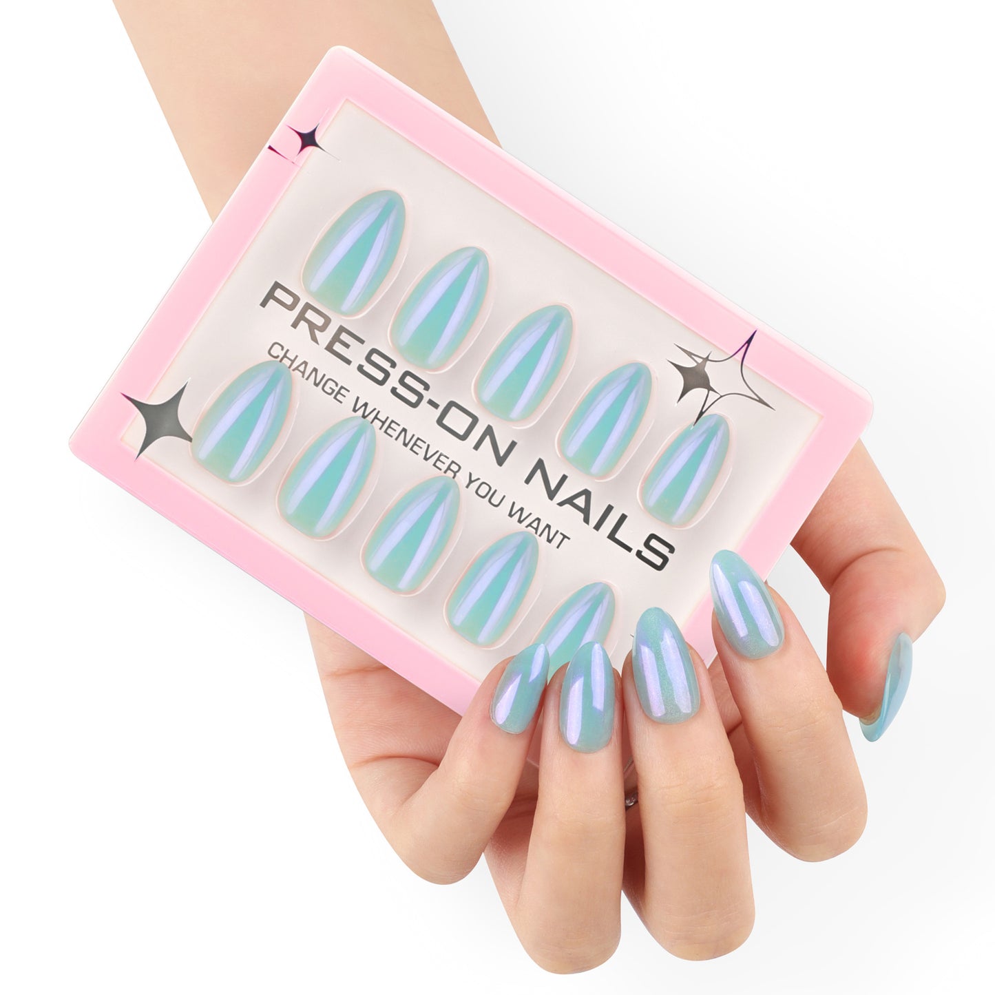 Blazing Blue Aurora Cat's Eye Short Almond press-on nails