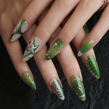 3D green smudged y2k short almonds press-on nails