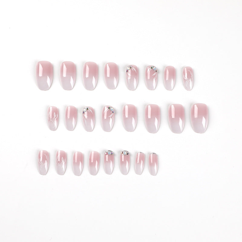 Nail art piece pink and white gradual change press on nails short petal rhinestone nail art patch press on nails press on nails wholesale|365nails