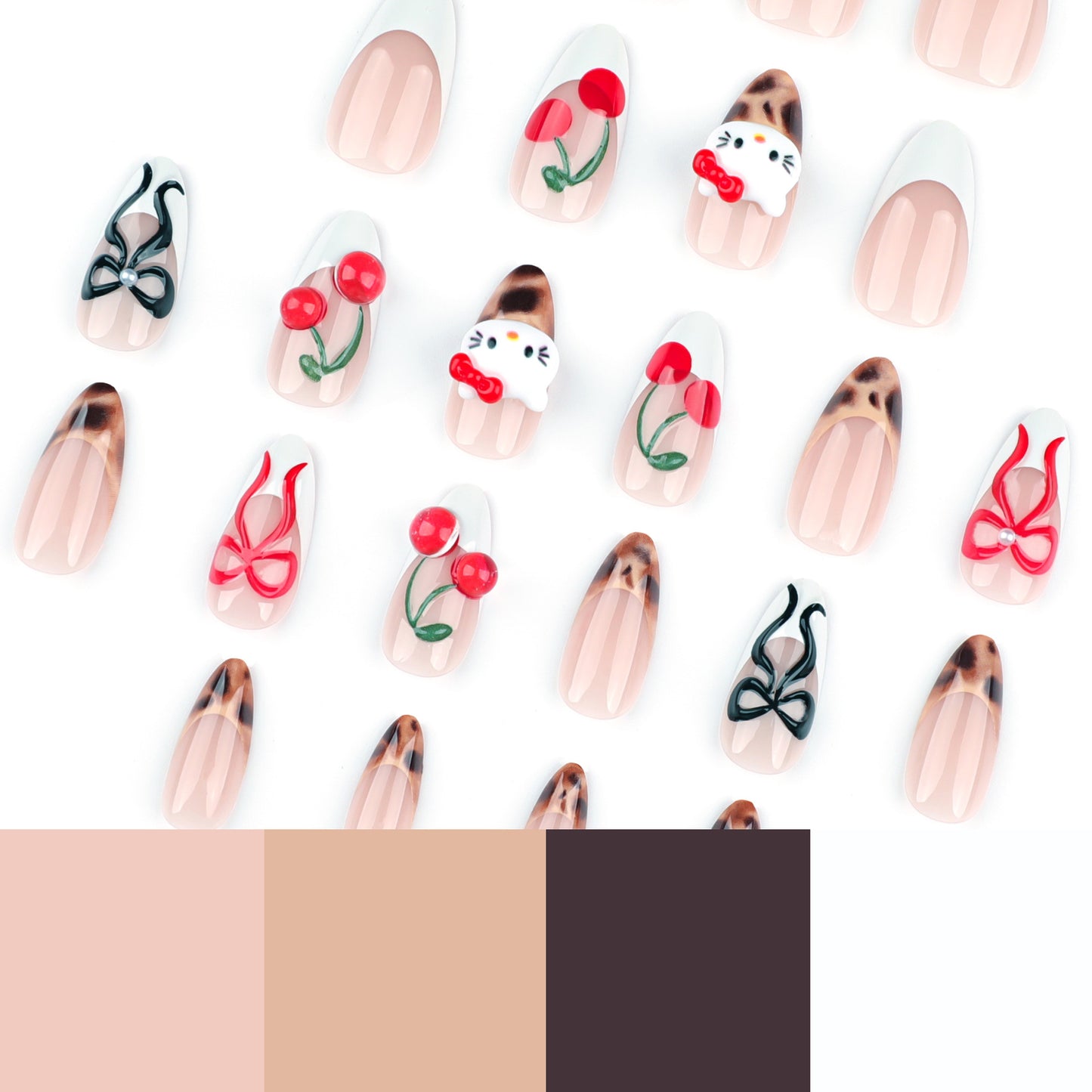 3D three-dimensional bow press on nails removable French manicure cute cherry nail piece short almond nail piece|365nails