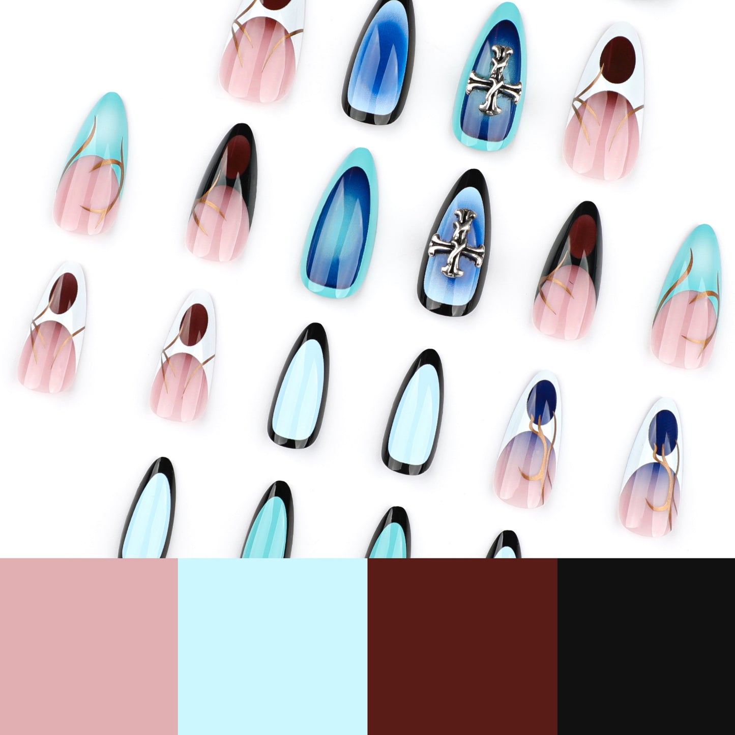 Millennium Style Nail Art French Almond Fake Nails Cross Wearing Nail Short Removable Nail Piece|365nails