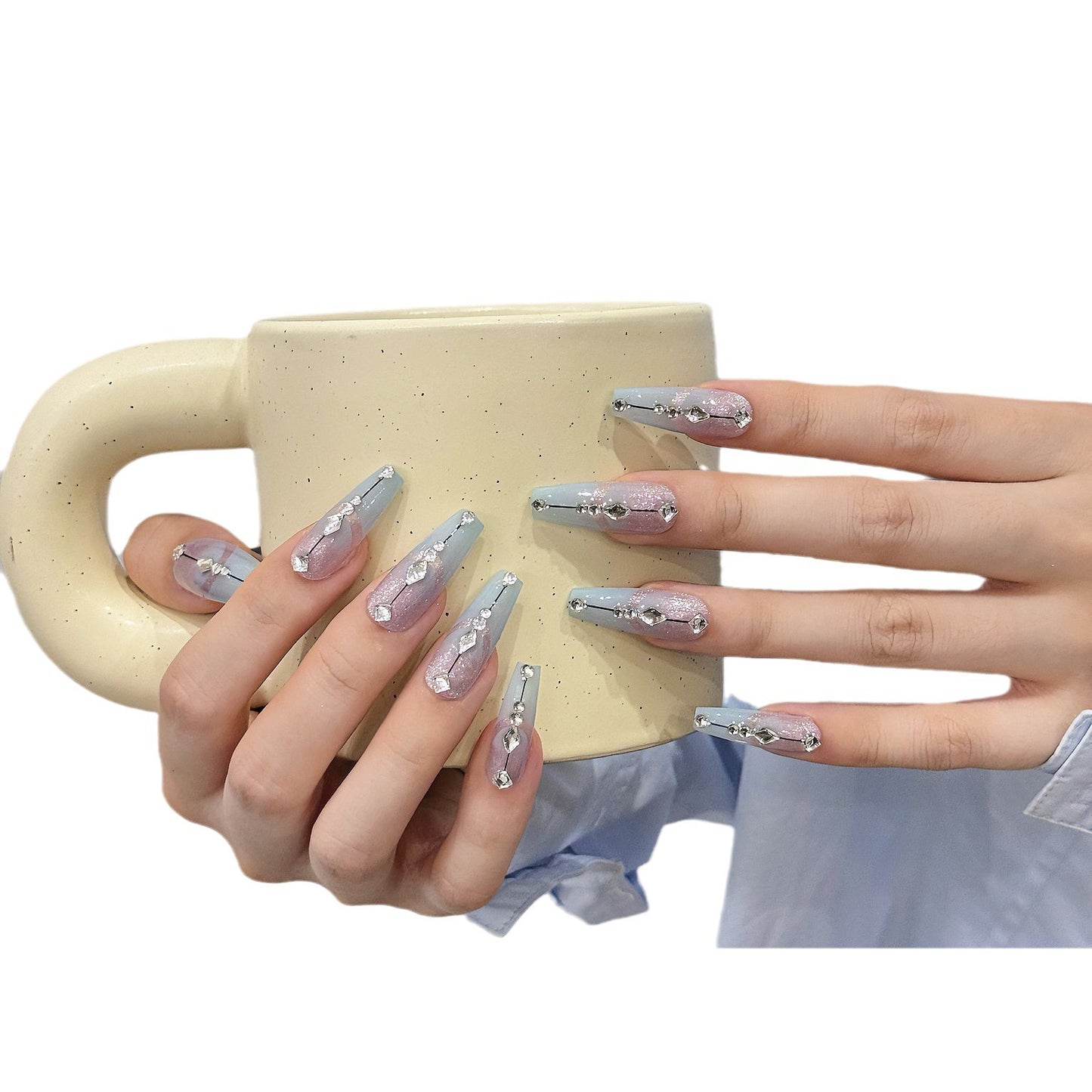 New Handmade cat eye Gradient Diamond Phototherapy White Versatile False Nails | 365nails