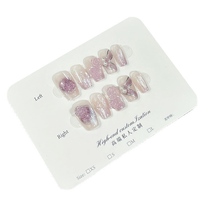 Pure handmade press-on nails purple colorful three-dimensional gradual change camellia short nail patch wearable fake nails|365nails