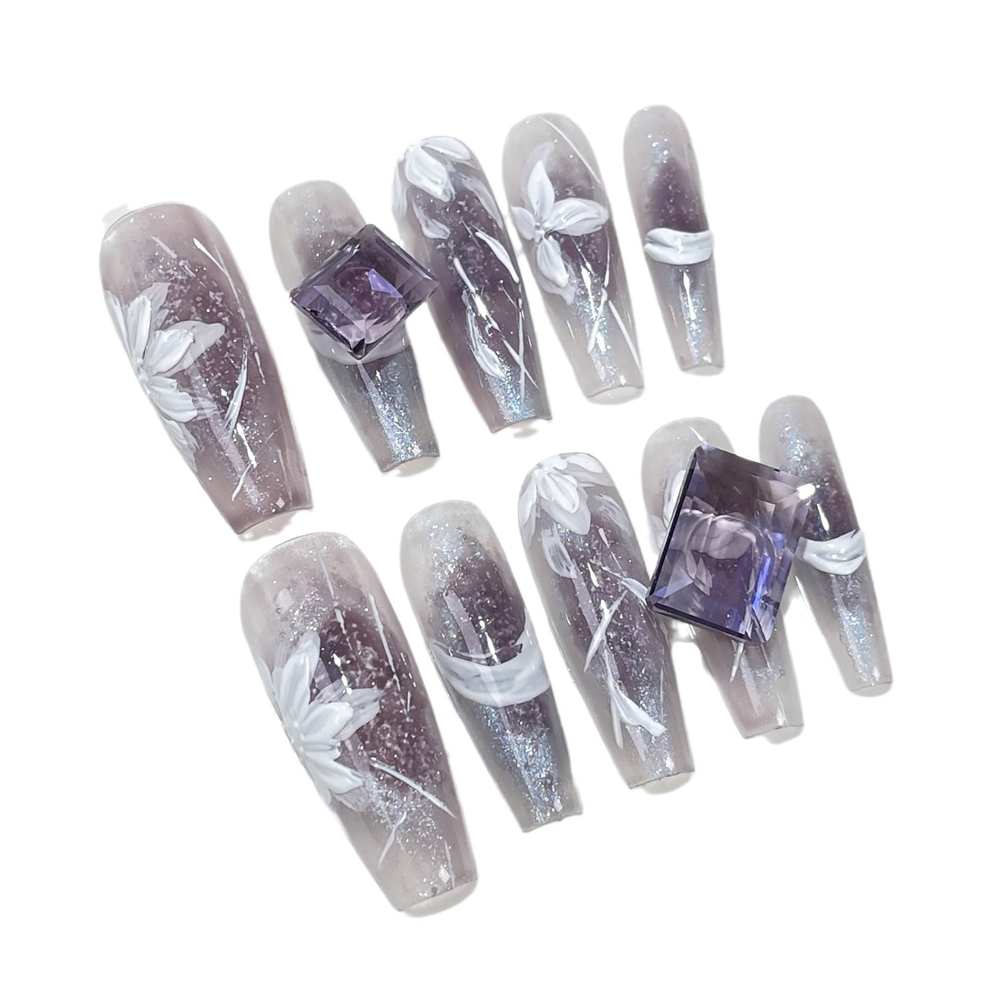 Ice through cat eye long hand-painted relief flower Handmade press on nails |365nails