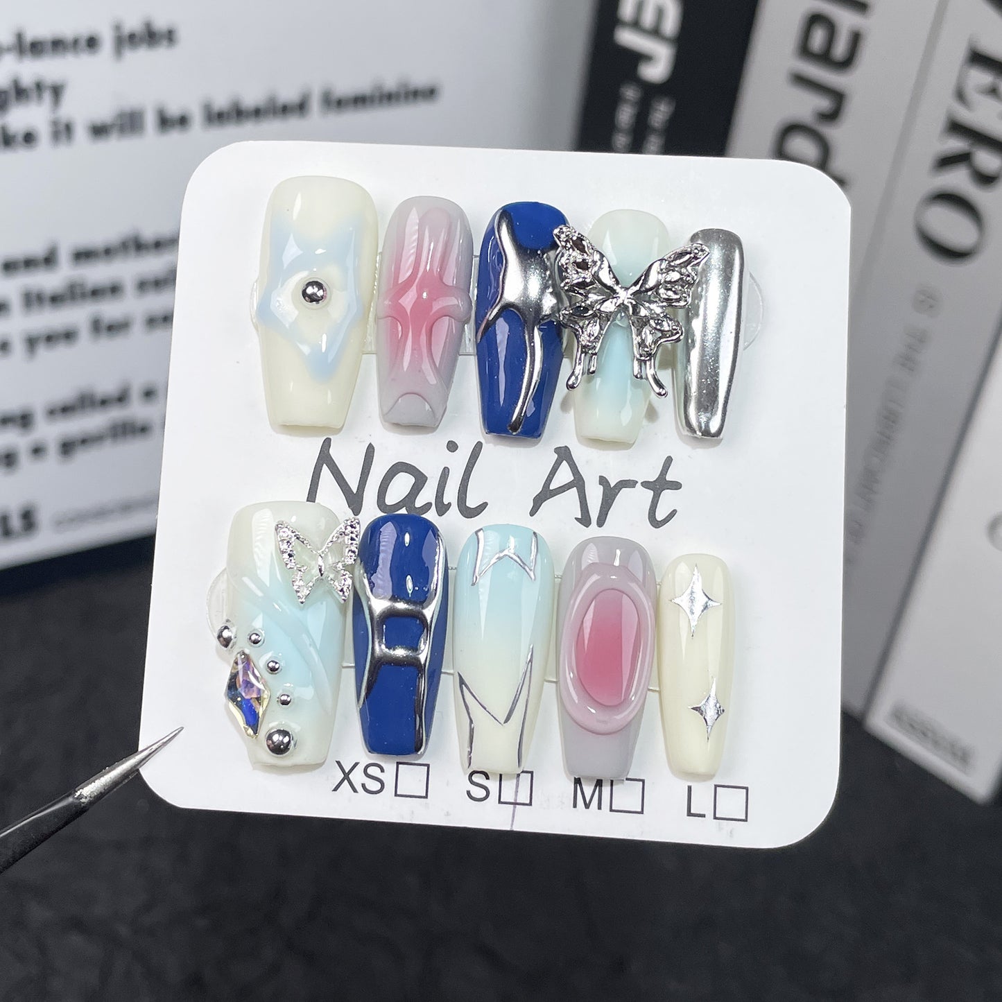 Sweet and cool colorful three-dimensional metal butterfly Handemade press on nails almond nail finished patch|365nails