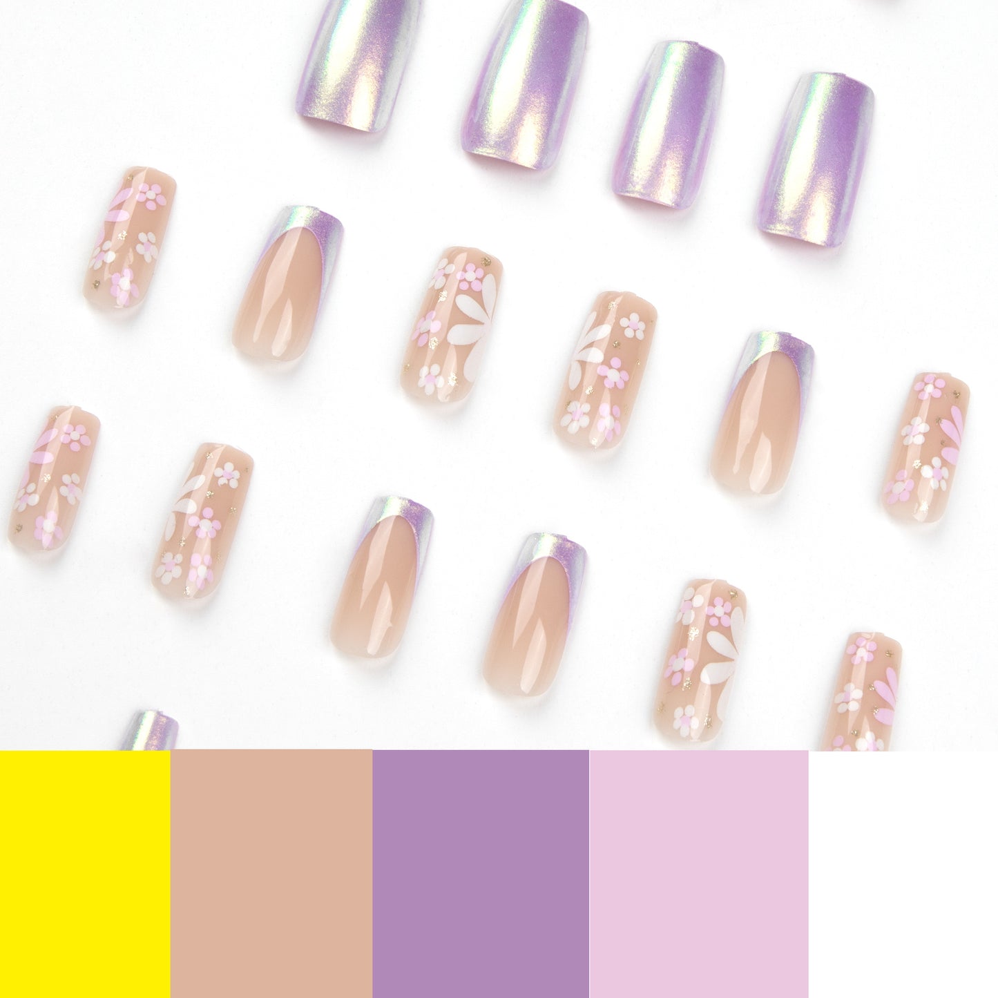 Adesivo de unhas postiças, unhas de camaleão polarizadas com flores rosa e brancas, arte de unhas finalizada, unhas postiças removíveis, produto finalizado|365nails