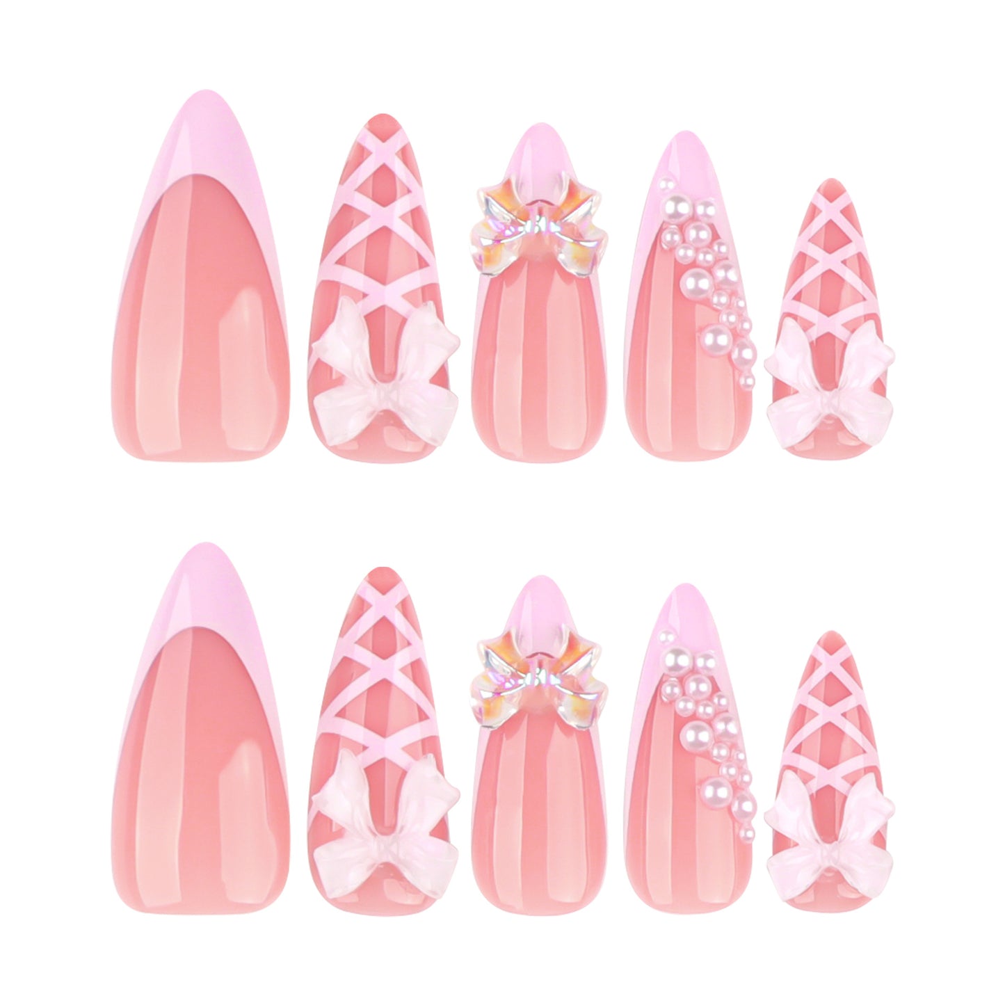 Three-dimensional bow French lotus root pink almonds sweet press-on nails