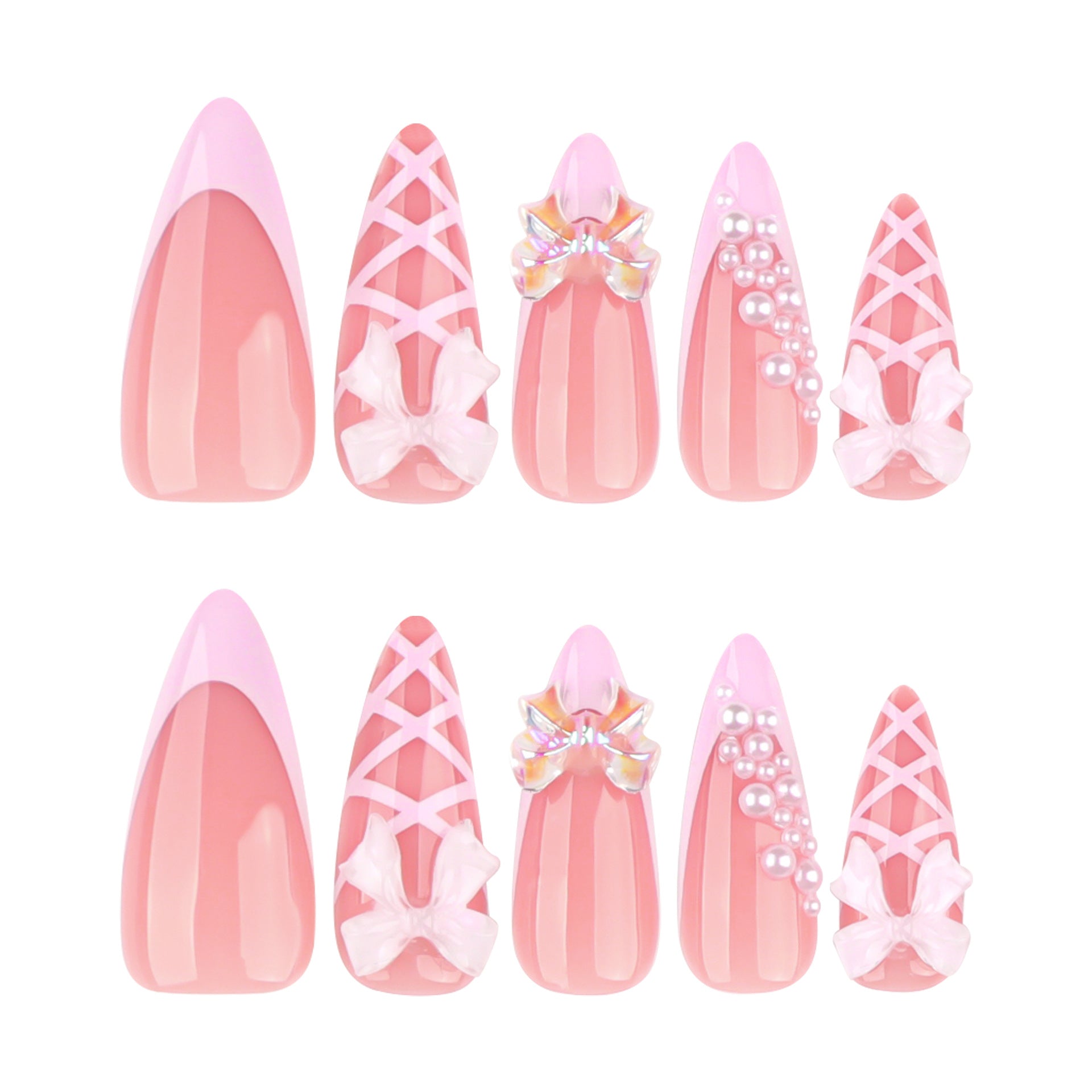 Three-dimensional bow French lotus root pink almonds sweet press-on nails