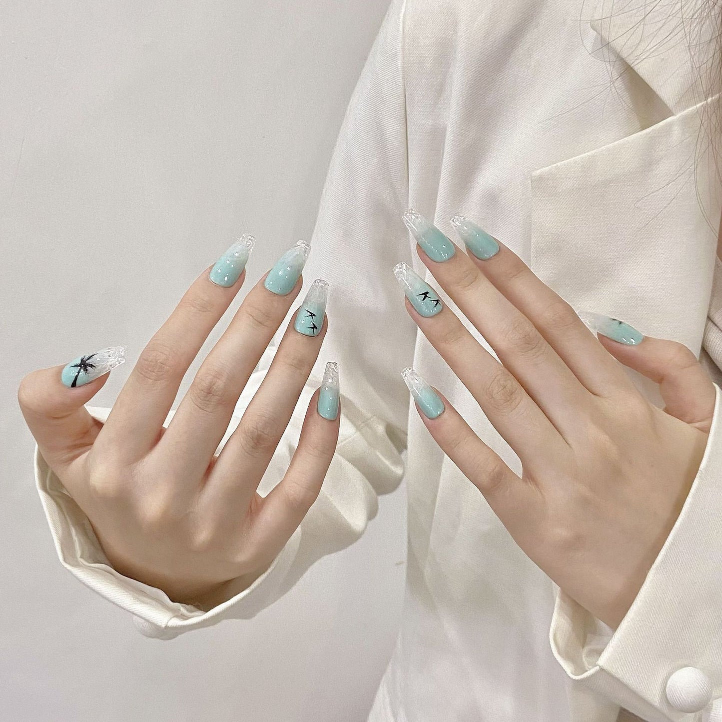 Unhas compridas Spice Girls unhas postiças artesanais Blue Enchantress Glazed Advanced feitas à mão extra longas Thin Dog Produto finalizado | 365nails