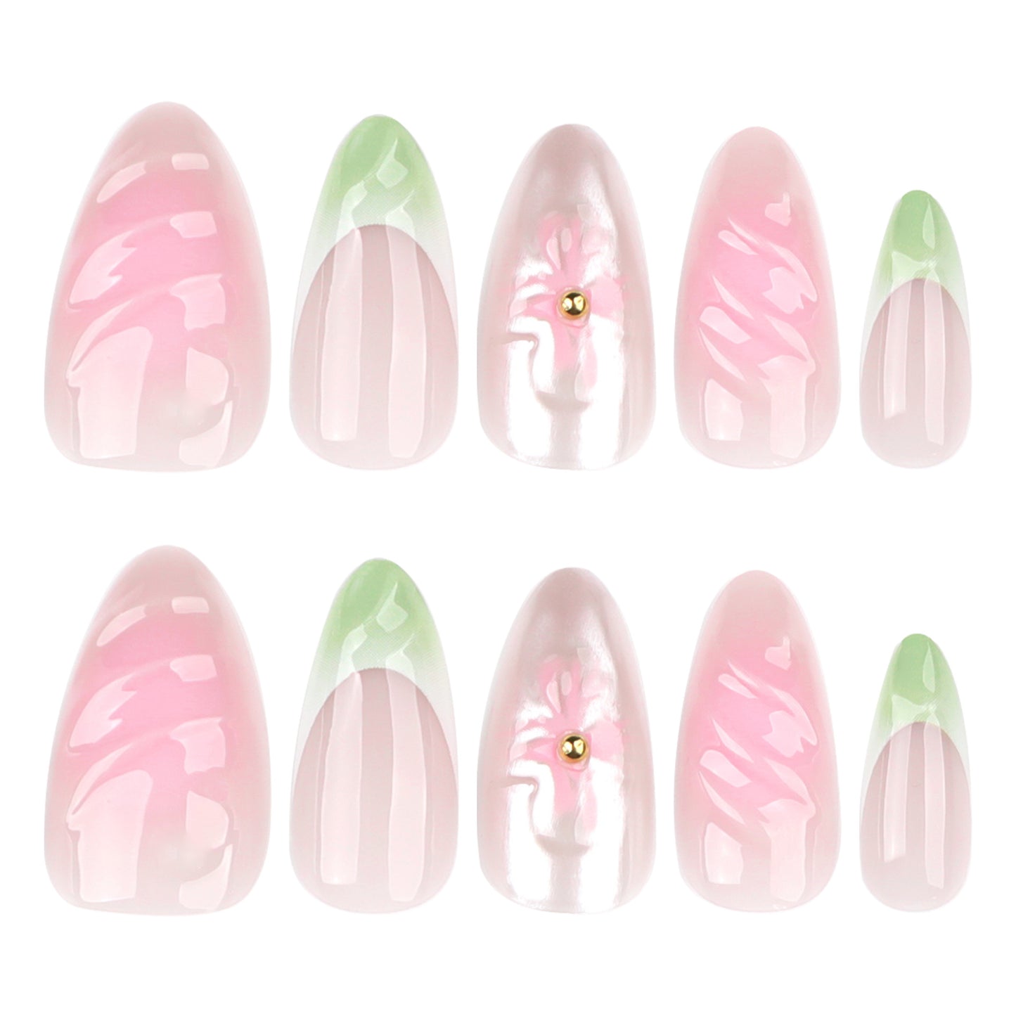 French fresh green gradual change 3D flower short almond press-on nails