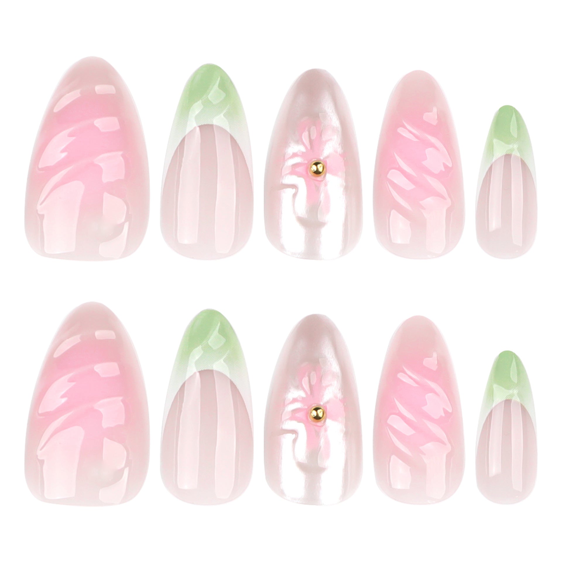 French fresh green gradual change 3D flower short almond press-on nails