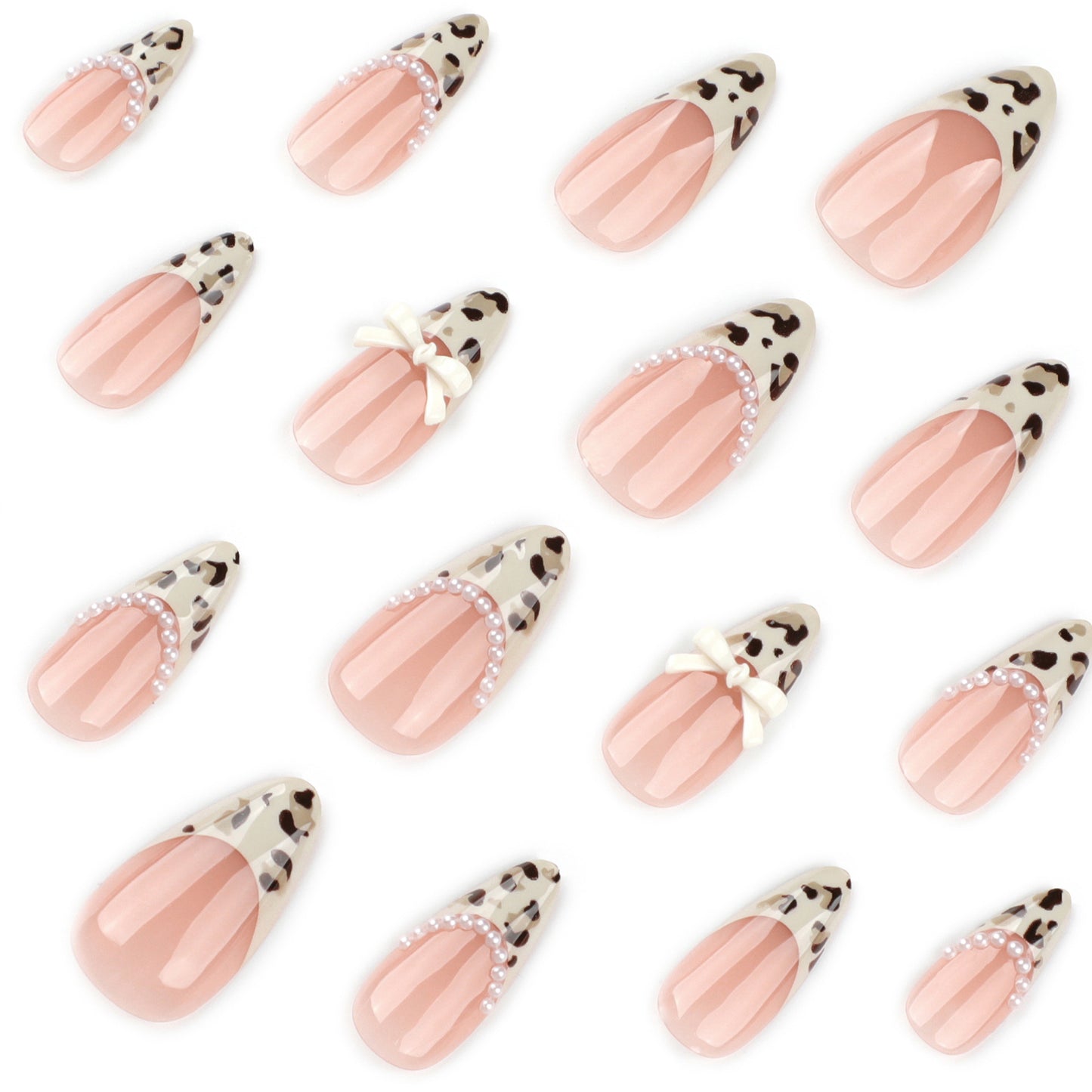 Almond French Leopard Print Short Pearl Bow press-on nails