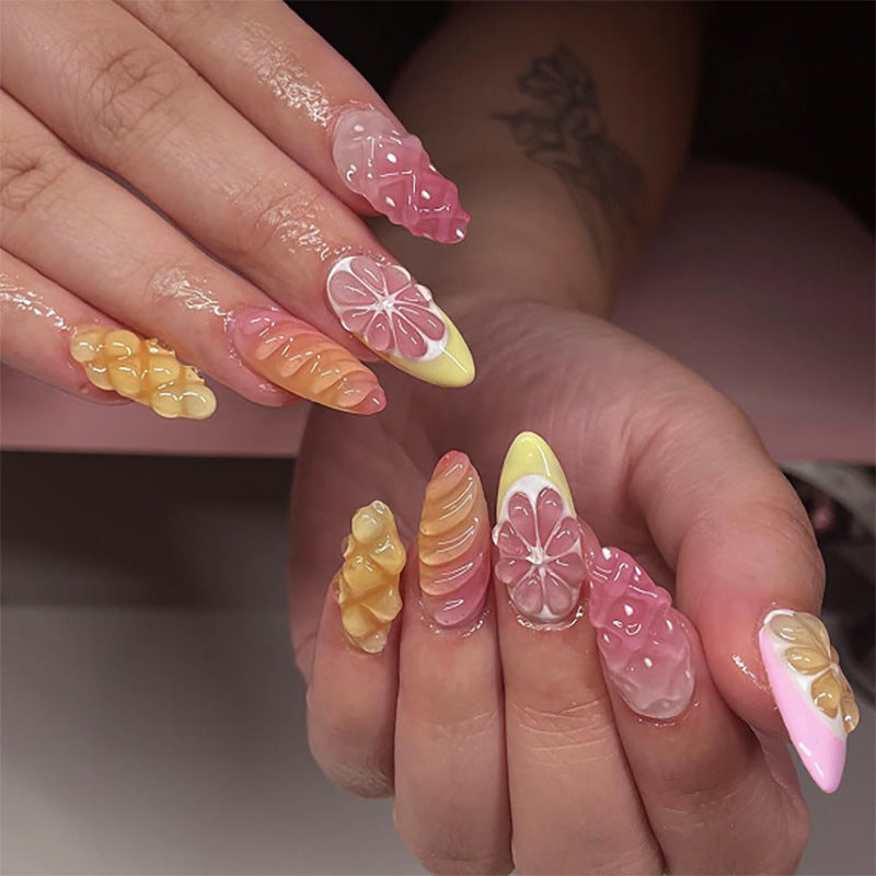 Unhas curtas de amêndoa frescas, 3D, fruta tridimensional, limão francês, laranja, atacado|365nails