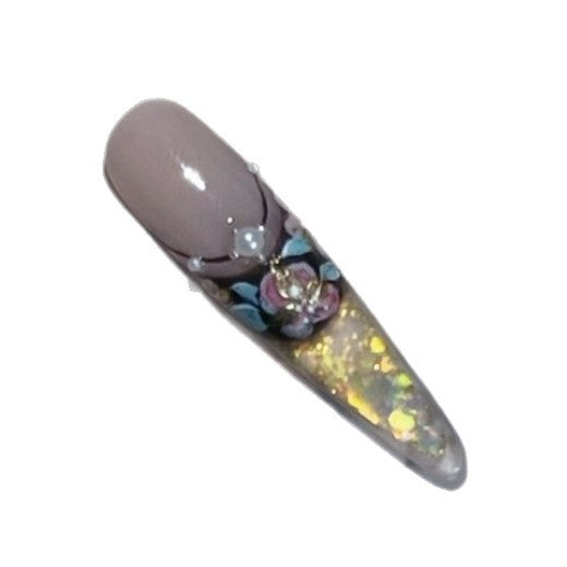 Title Ink-Night Floral Court | Black-Gold Crystal Art Series Press-On Nails