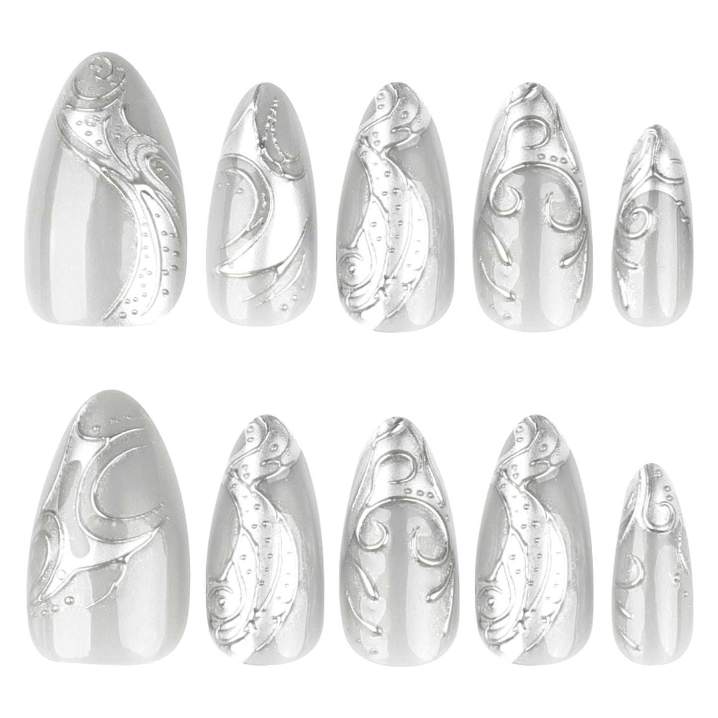 Gothic Cool Spicy Silver 3D Stereoscopic Short Almond press-on nails