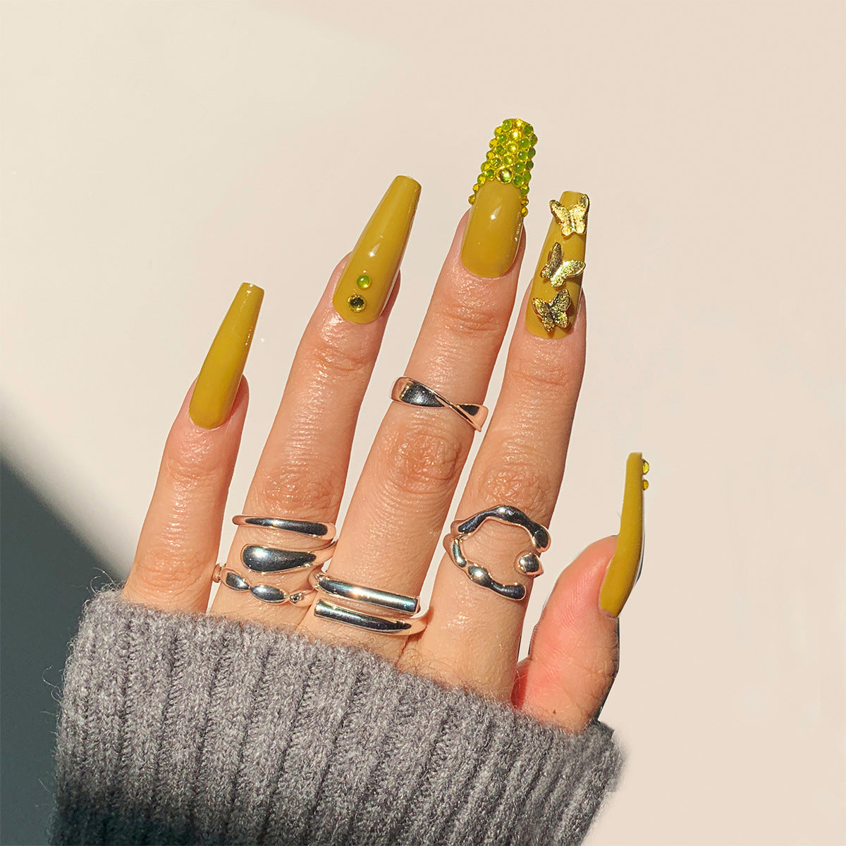 Mustard Yellow Full Diamond Wear Nail Butterfly Nail Art French Nail Patch Whitening Nail Art Patch Wear Nail Art Wholesale|365nails