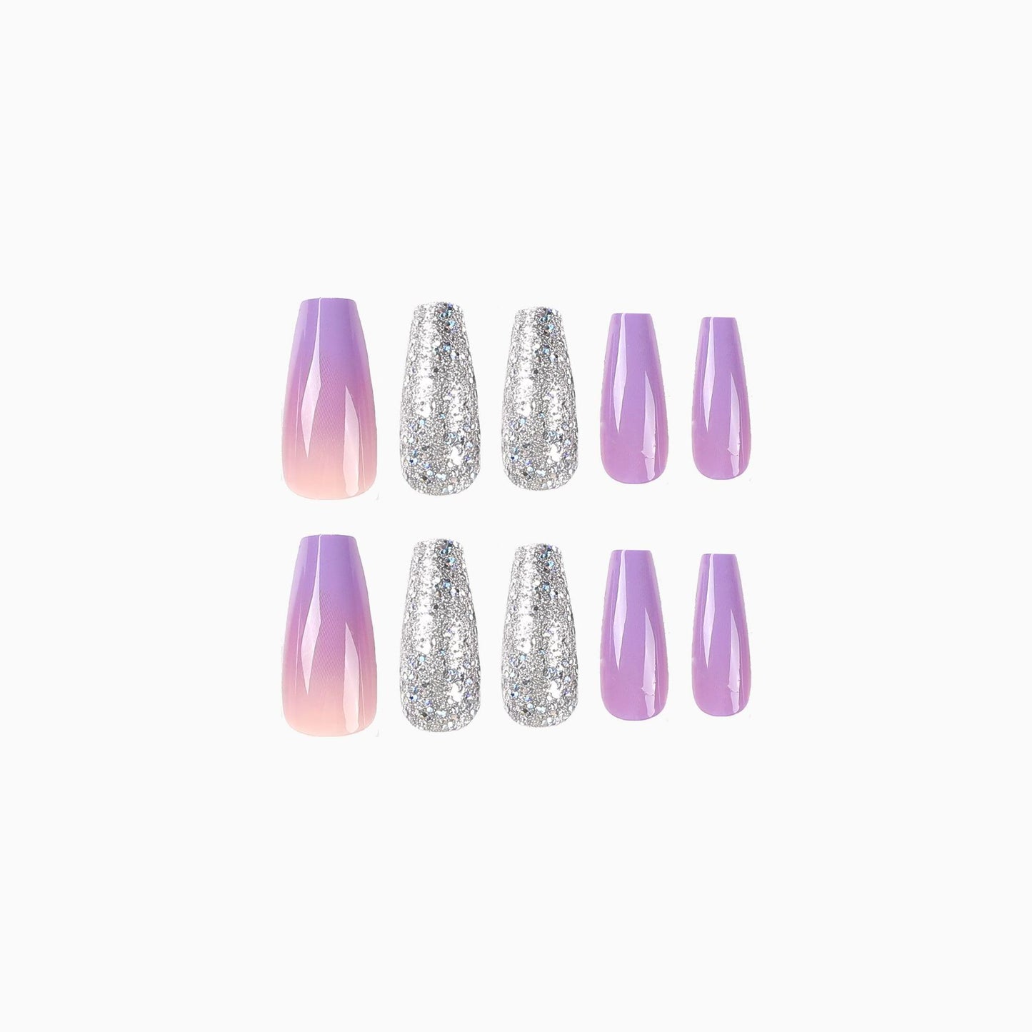 Adesivo de unha vestível Mudança gradual roxa Peça de unha vestível Unha postiça com lantejoulas prateadas finalizadas Unha com acabamento removível |365nails