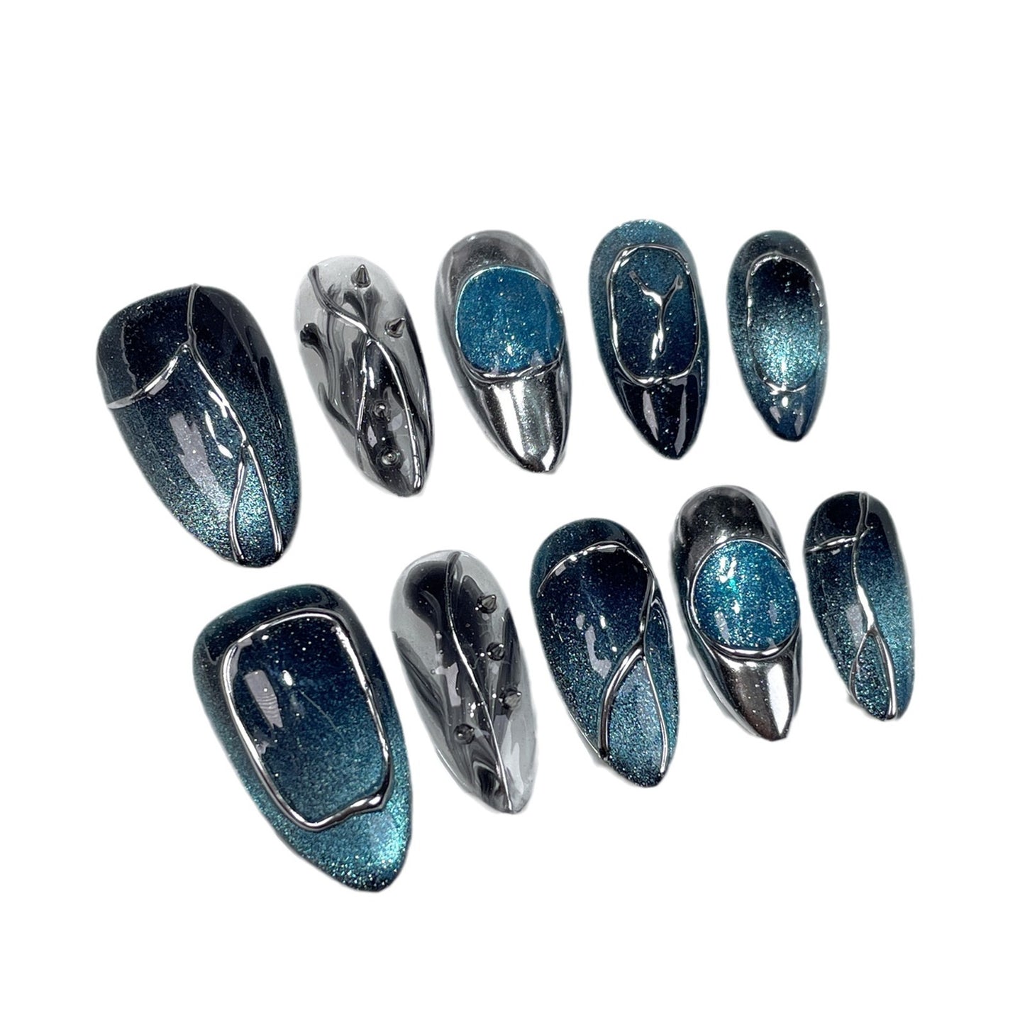 Handmade Press-on Nails Spice girl cat eye nail art smudge metal wind personalized fake nails almond nail|365nails
