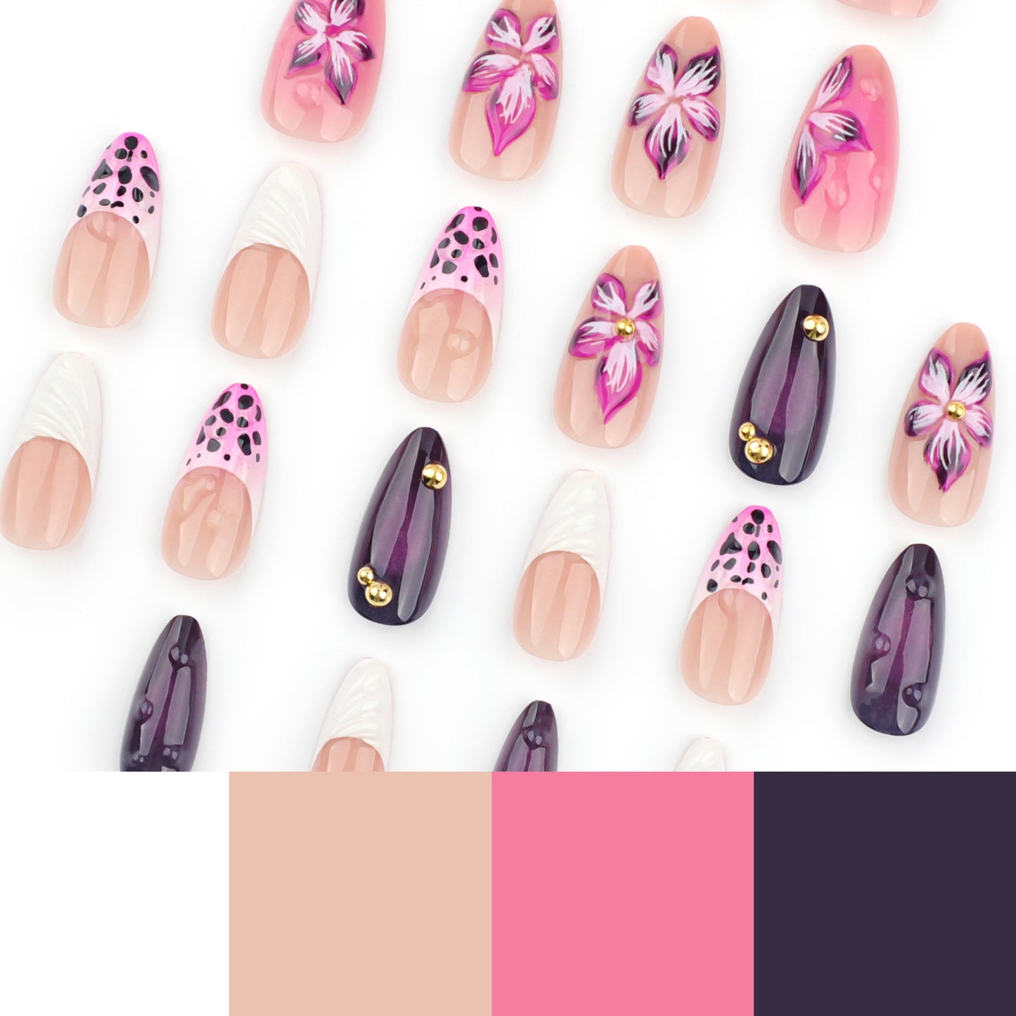 Manicure francesa com estampa de leopardo rosa e borda branca 3D com explosão de flores tridimensionais |365nails
