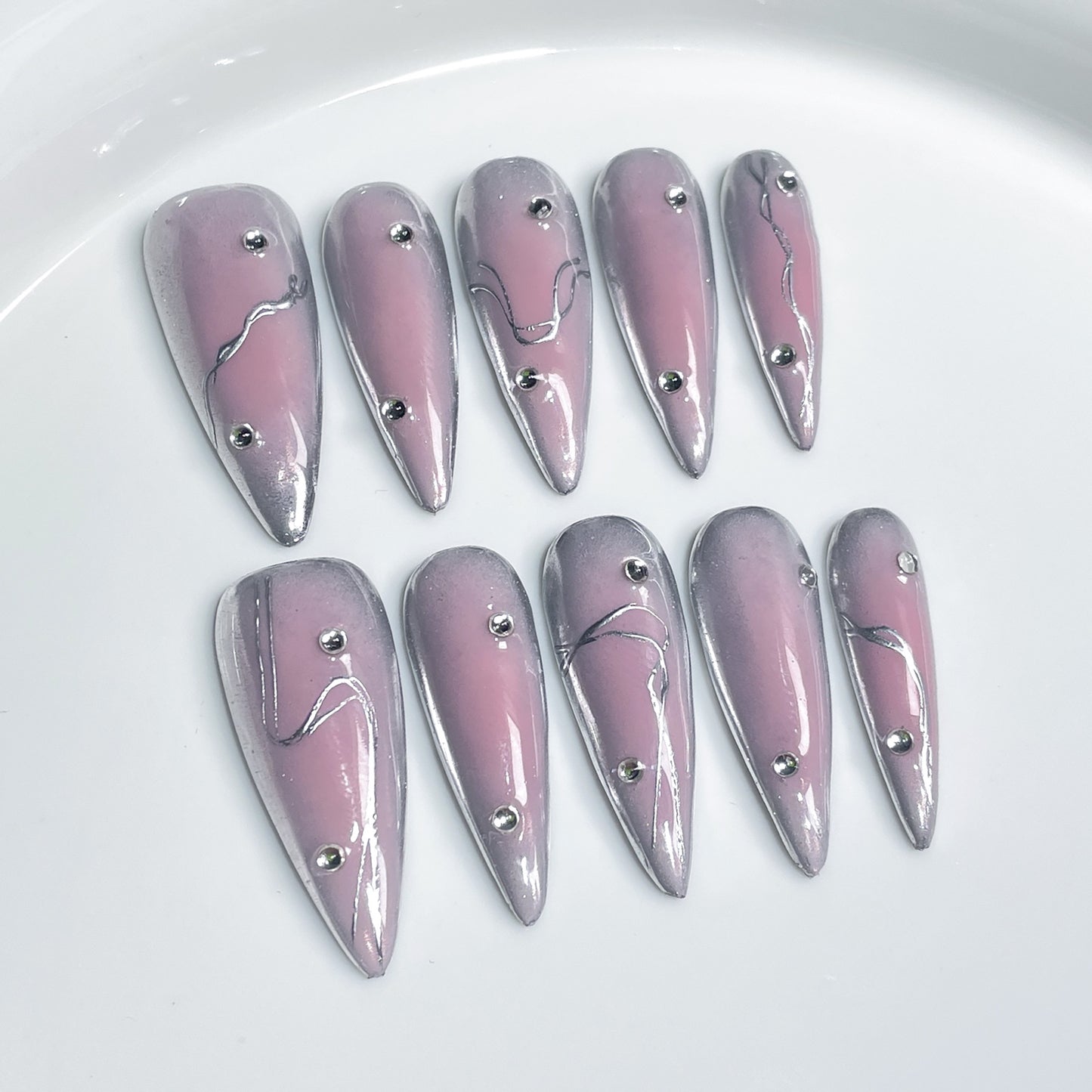 Handmade Press-on Nails Sweet Cool Spice Girl Blush Nail Metal Style Long Tip Nail Patch Wholesale|365nails