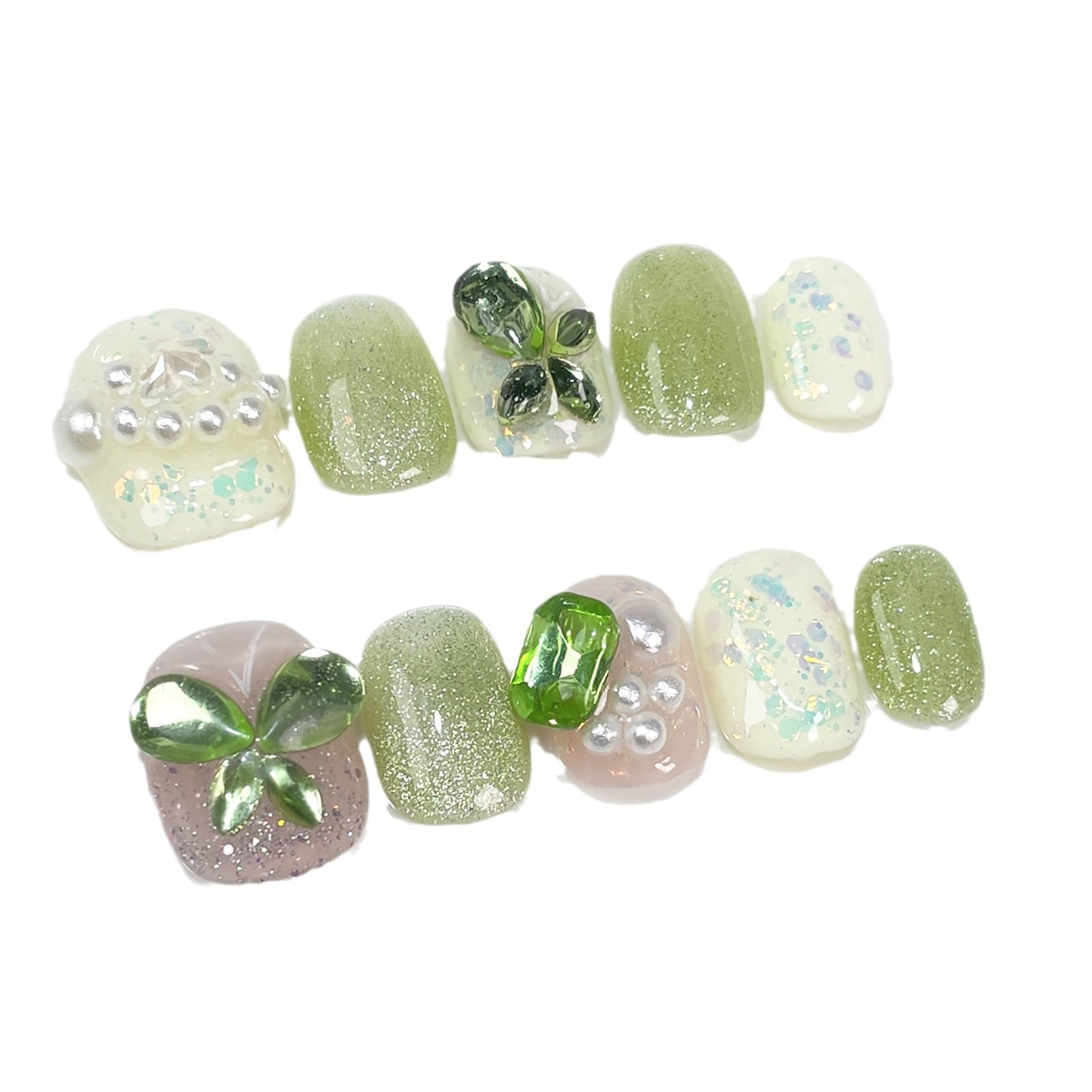 Unhas postiças artesanais novas olivina verão pequeno fresco branco fofo arte de unha curta adesivo de unha usável | 365nails