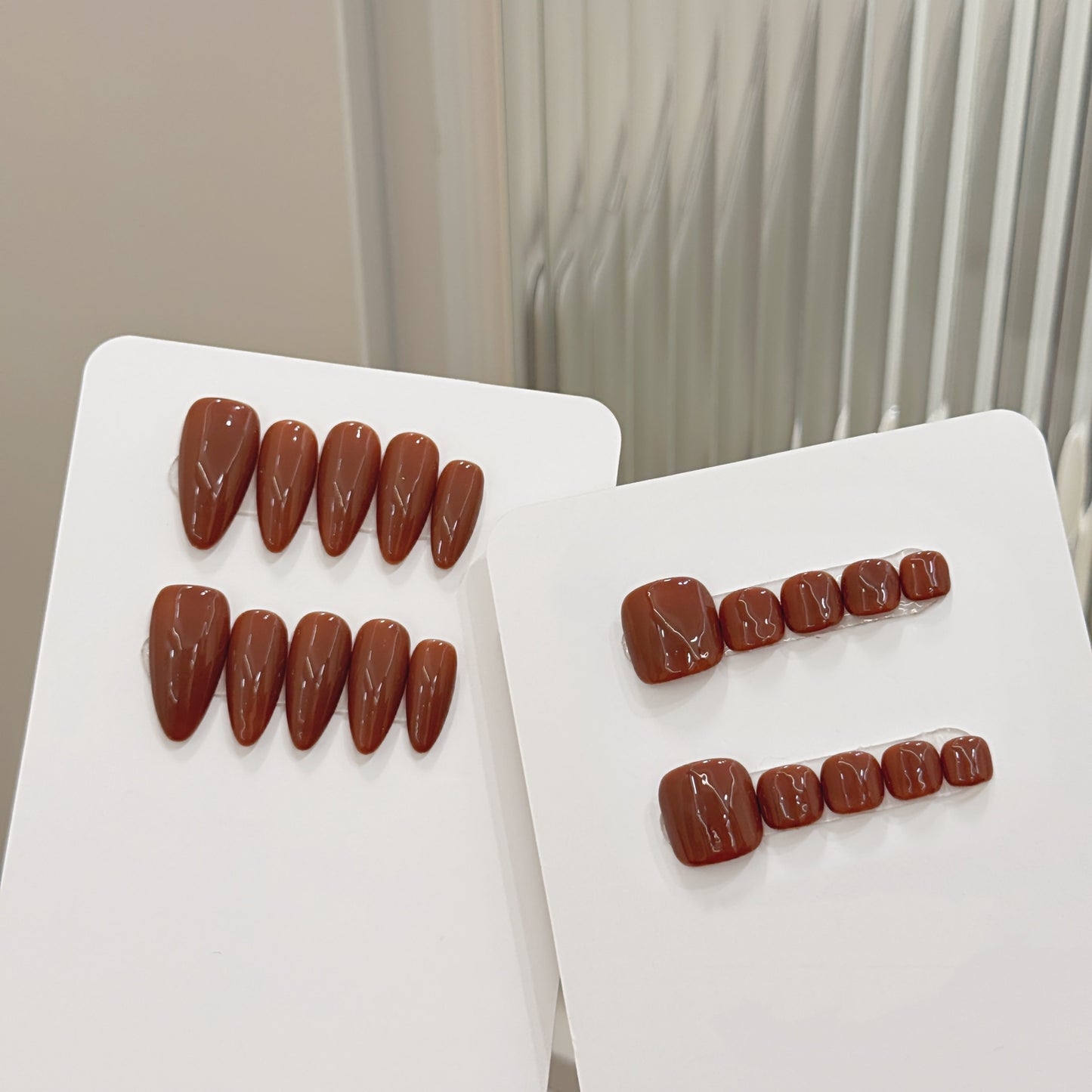 Solid color whitening simple almond nail glossy Maillard brown hand and foot set handmade nails | 365nails