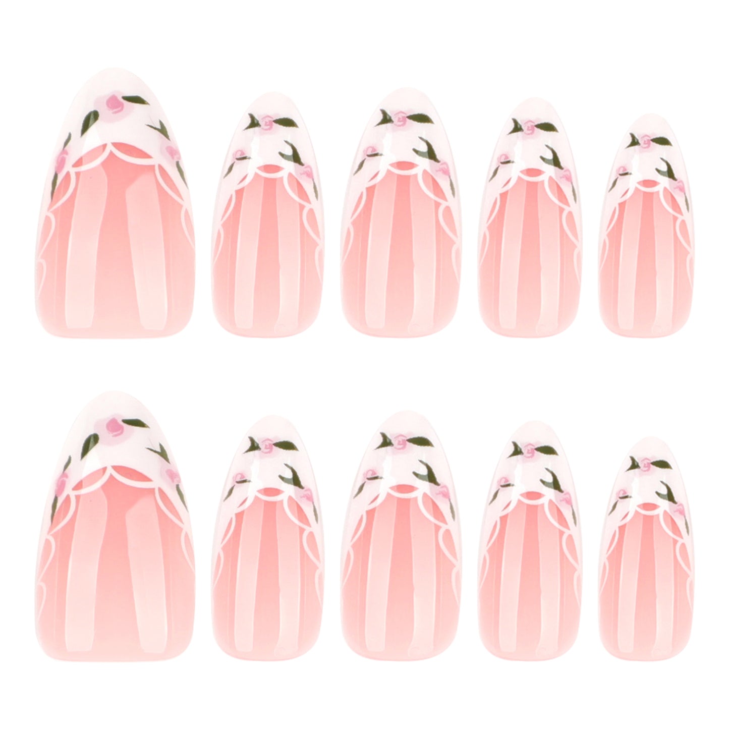 French white fresh green leaf flower simple manicure fake nail short almond nail |365nails