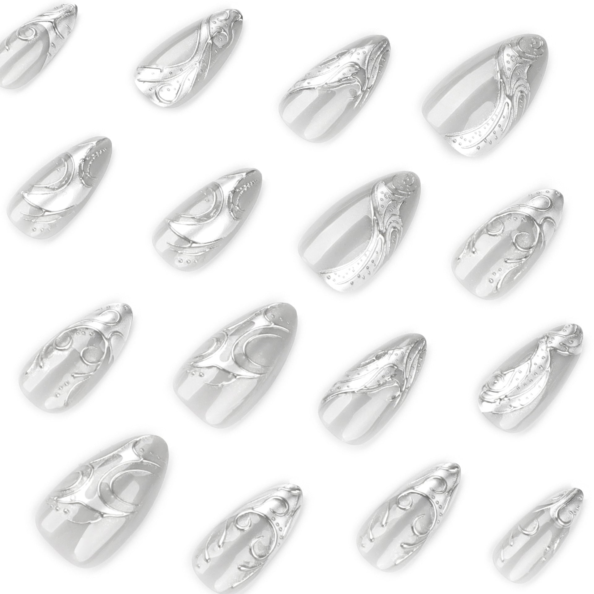 Gothic Cool Spicy Silver 3D Stereoscopic Short Almond press-on nails