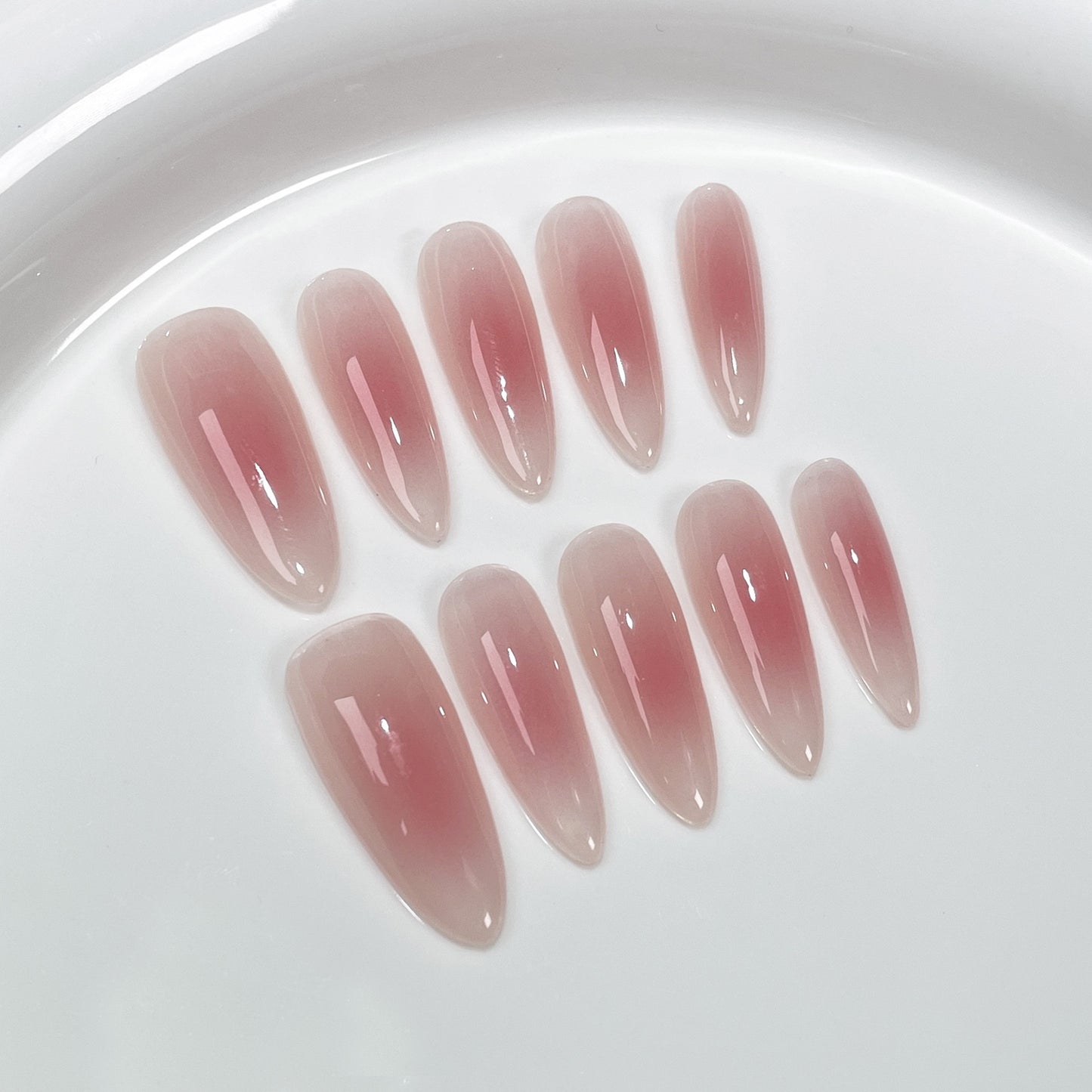 Rubor Pure Desire, uñas postizas hechas a mano, con pistola rociadora de hielo, rubor, terapia de luz, parche para uñas, punta larga, uñas ovaladas, 365nails