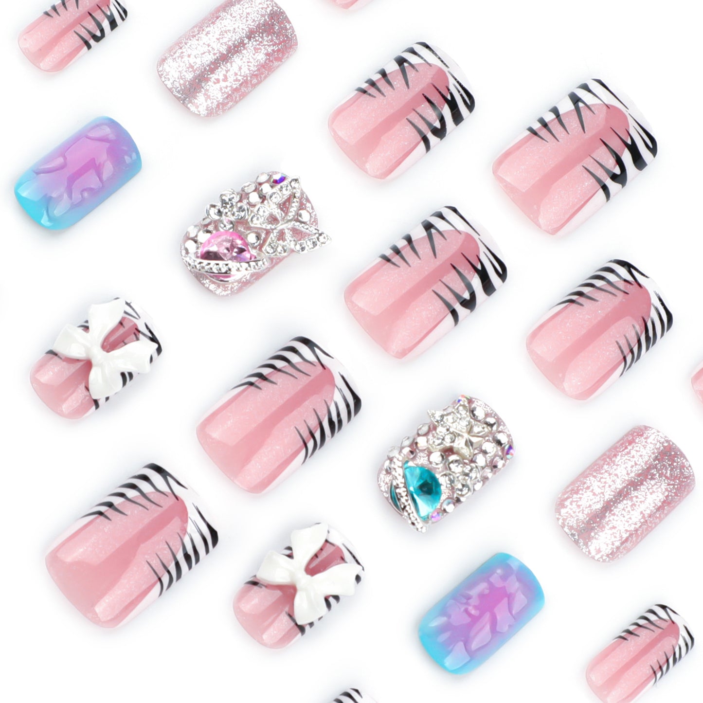 Manicura cuadrada corta con efecto de cebra en blanco y negro francés, con destellos de diamante y explosión, venta al por mayor | 365nails