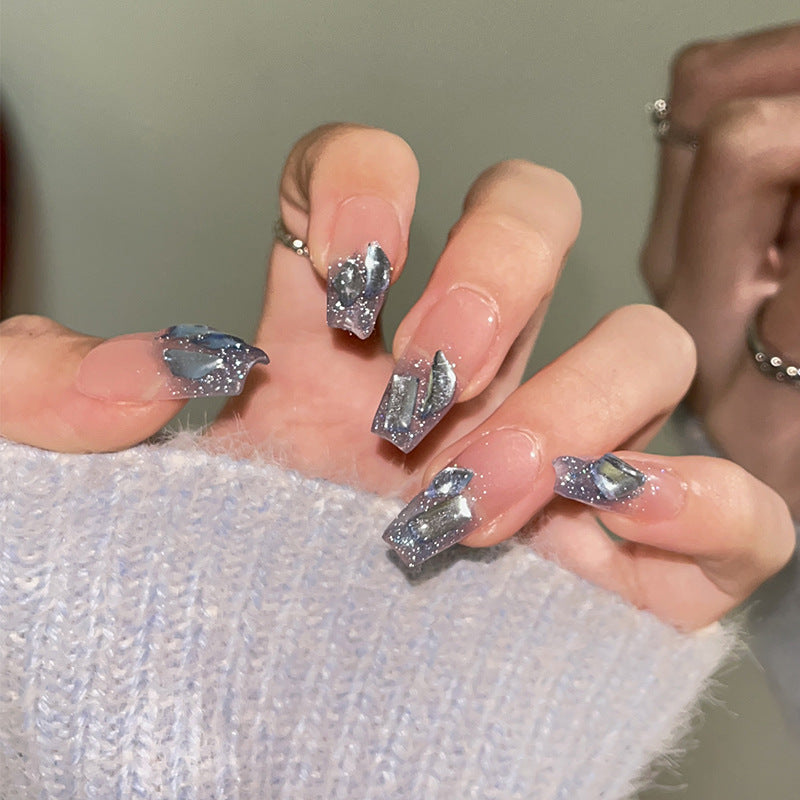 Unhas postiças removíveis com acabamento em remendo, feitas à mão, em azul-céu estrelado e brilhante, com diamantes brilhantes, atacado|365nails