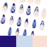 3D Blue Flower Almond Long Removable press-on nails