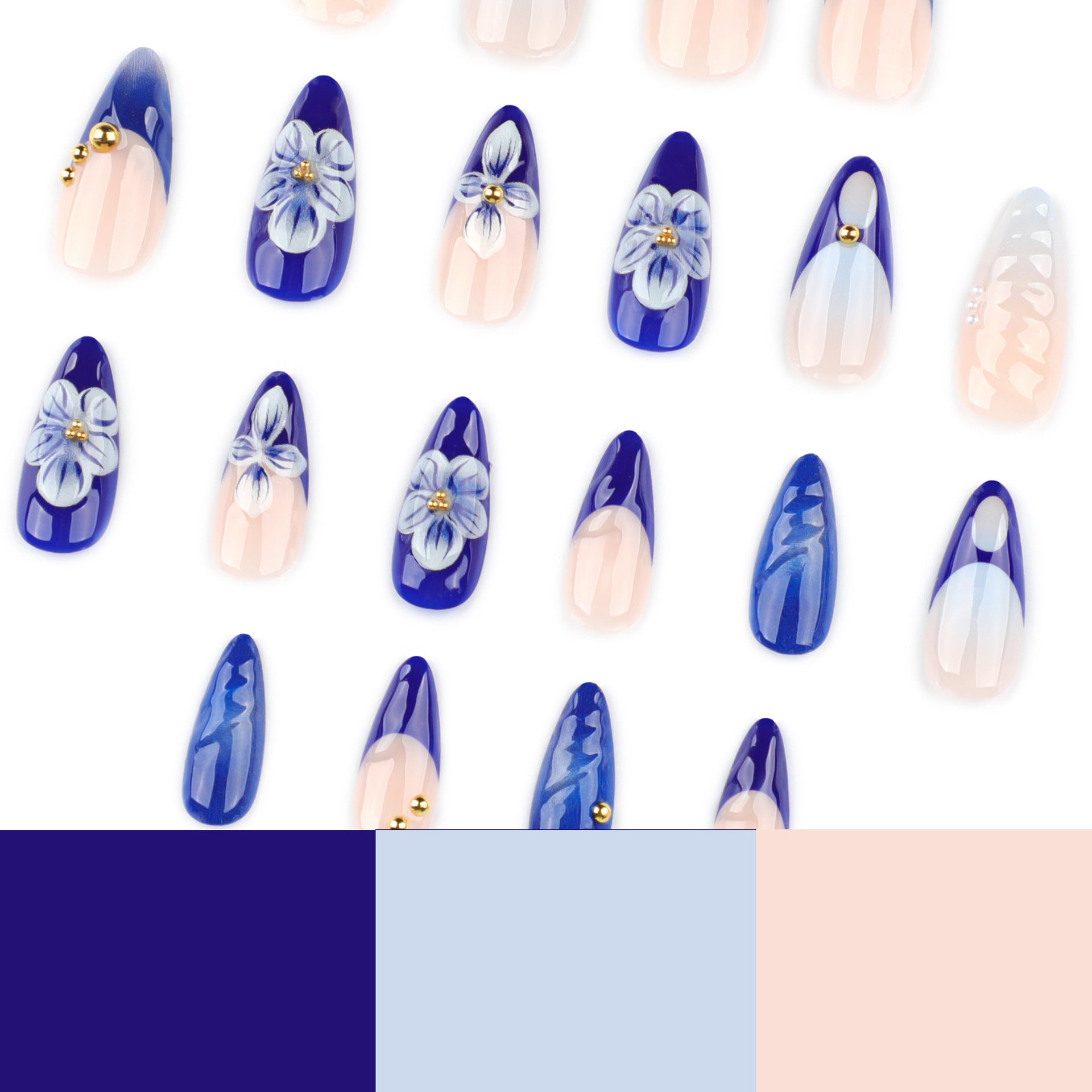 3D Blue Flower Almond Long Removable press-on nails