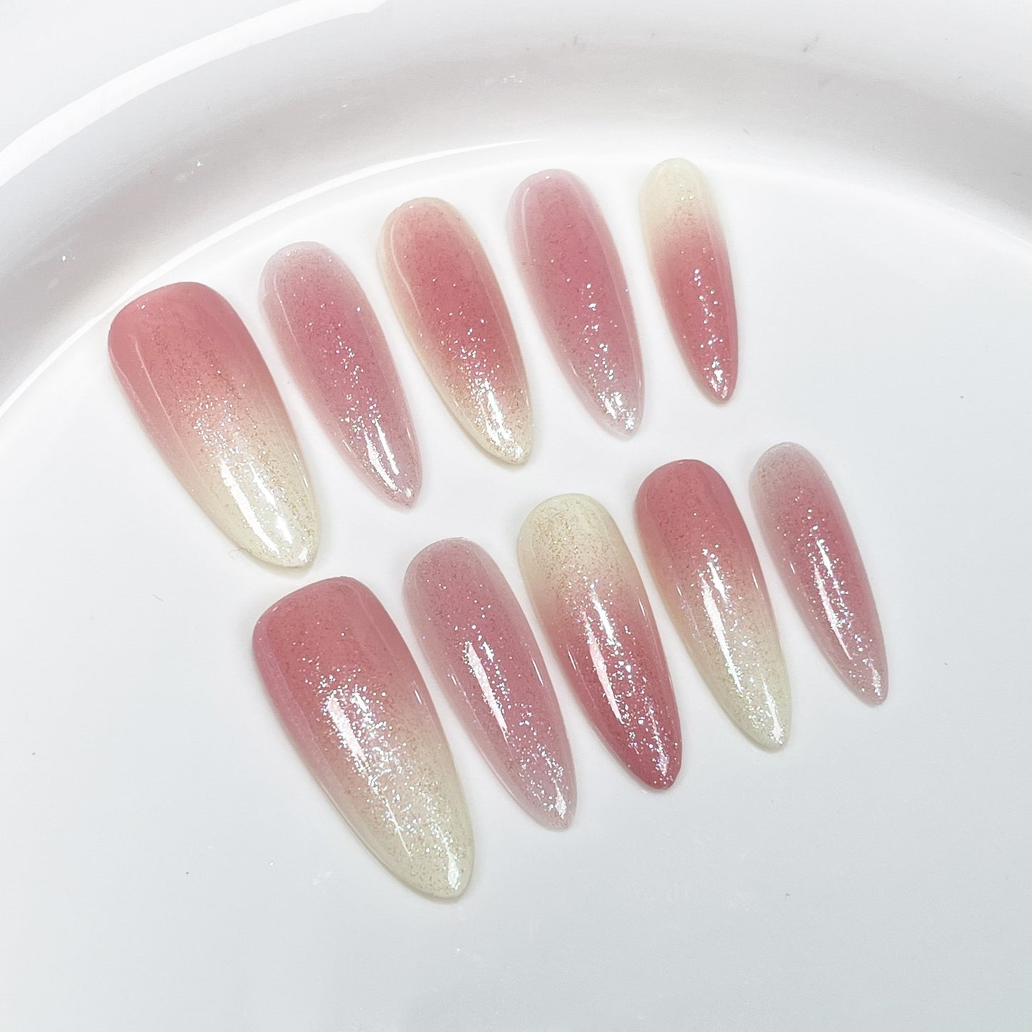 Unhas postiças simples, blush, doces, puras, brilhantes, Spice Girl, longas, feitas à mão, para usar no atacado|365nails
