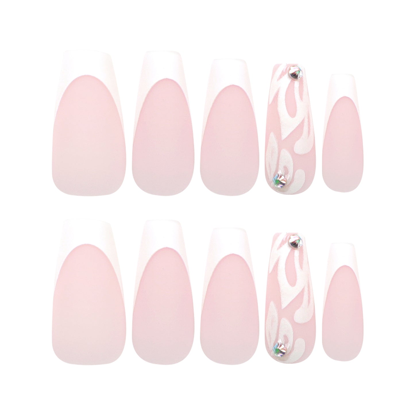 Unhas francesas brancas médias e longas com glitter prateado, aplique de flor, unhas nude com ponta de diamante, produto acabado no atacado |365nails