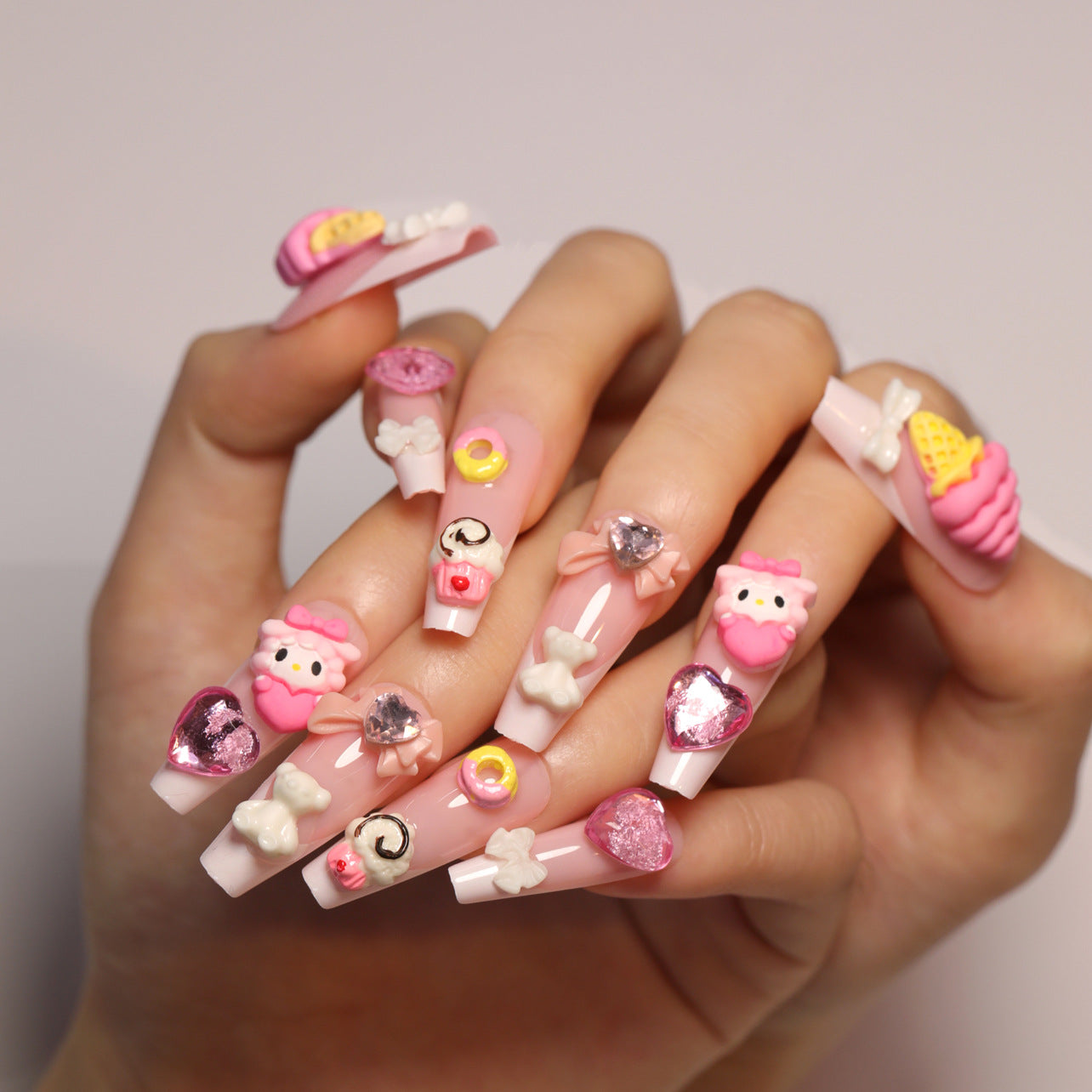 Desenho animado fofo rosa arte de unha cone sorvete laço tridimensional amor flash diamante |365nails