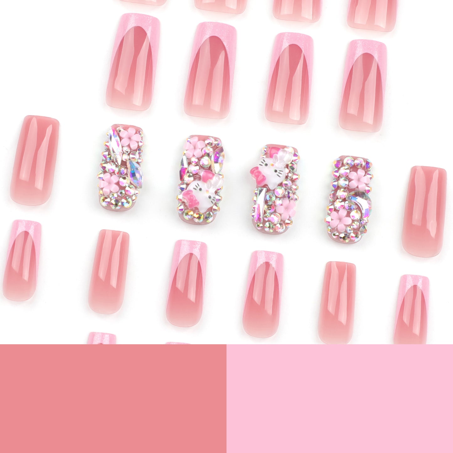 Unhas postiças japonesas fofas com armadura de flor e diamantes brilhantes, unhas postiças francesas rosa|365nails
