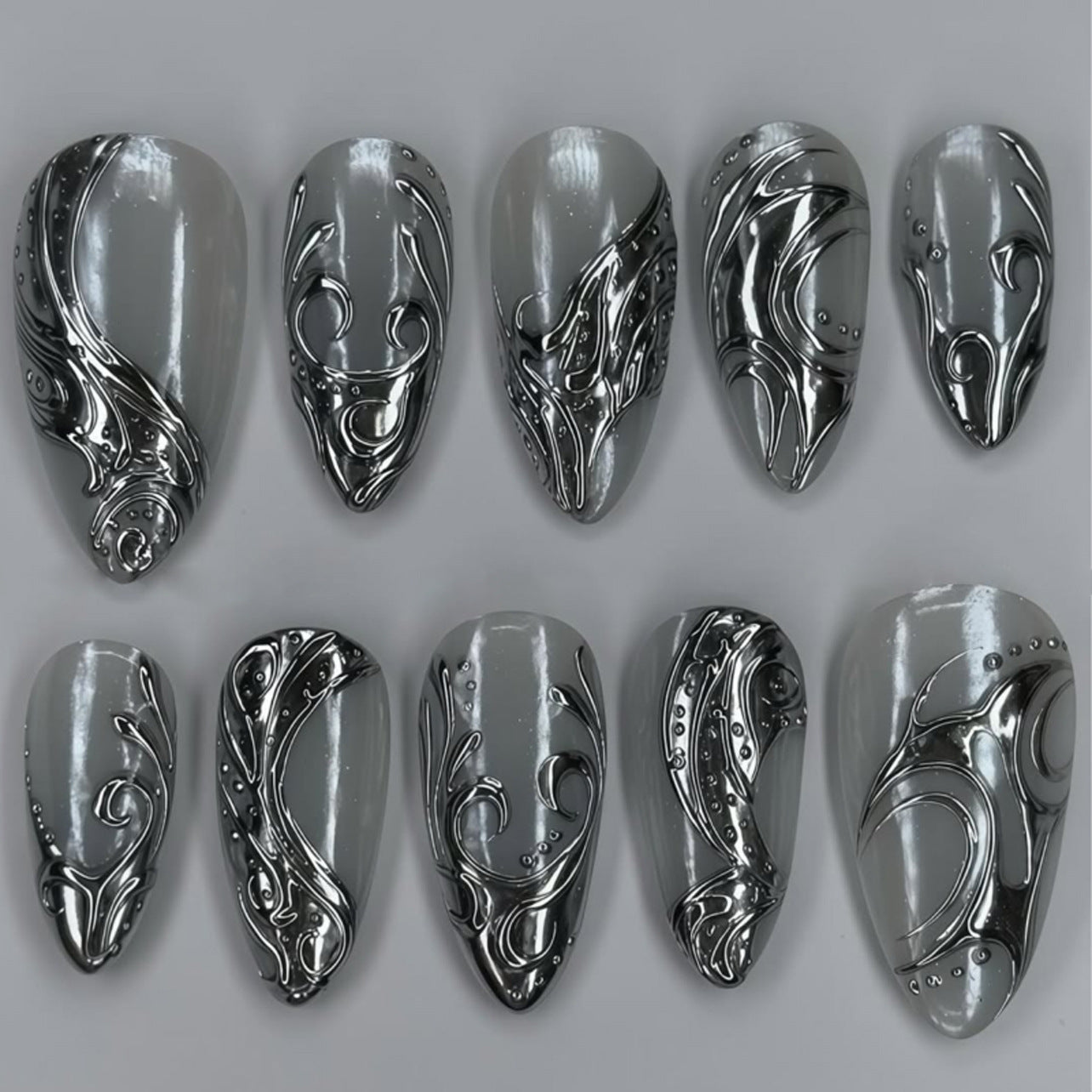 Gothic Cool Spicy Silver 3D Stereoscopic Short Almond press-on nails