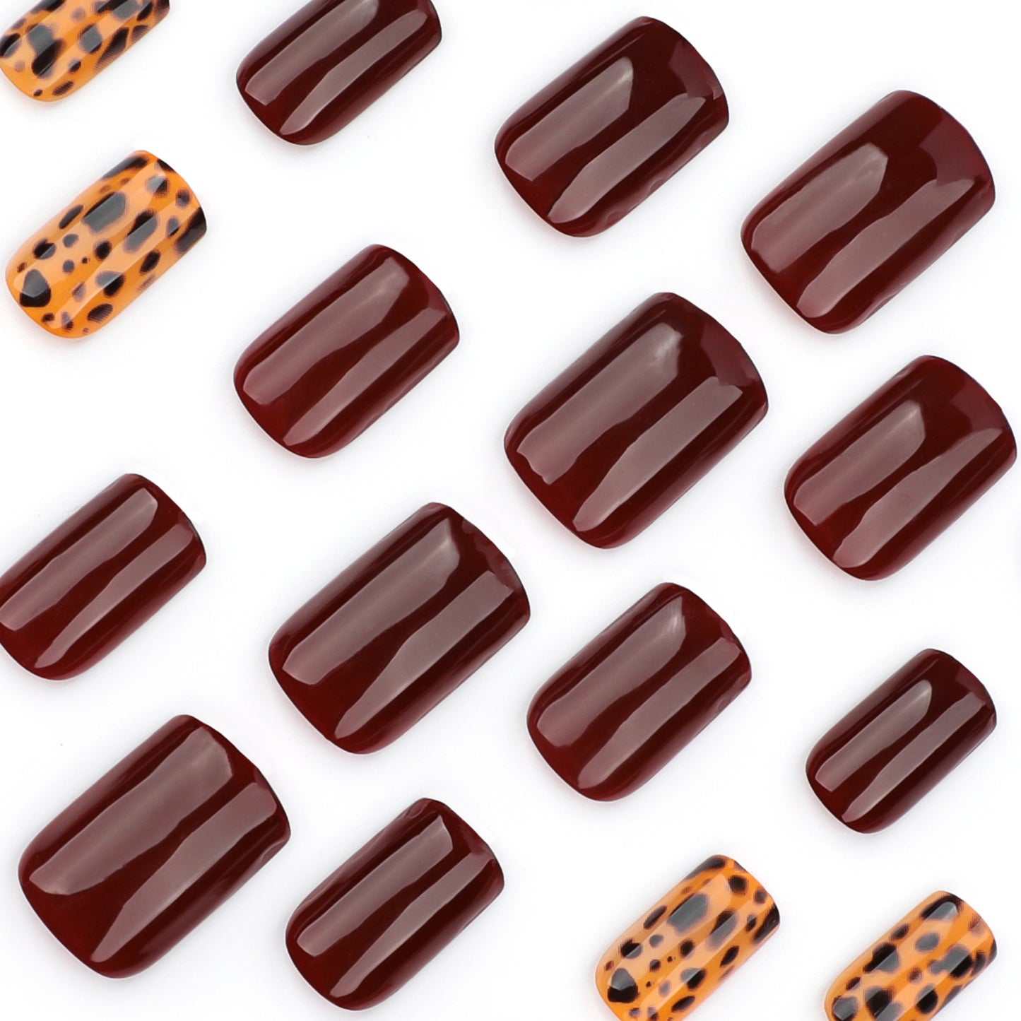 Maillard leopard print wearing nail burgundy solid color nail piece short square autumn wearing fake nail piece wholesale