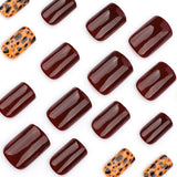 Maillard leopard print wearing nail burgundy solid color nail piece short square autumn wearing fake nail piece wholesale