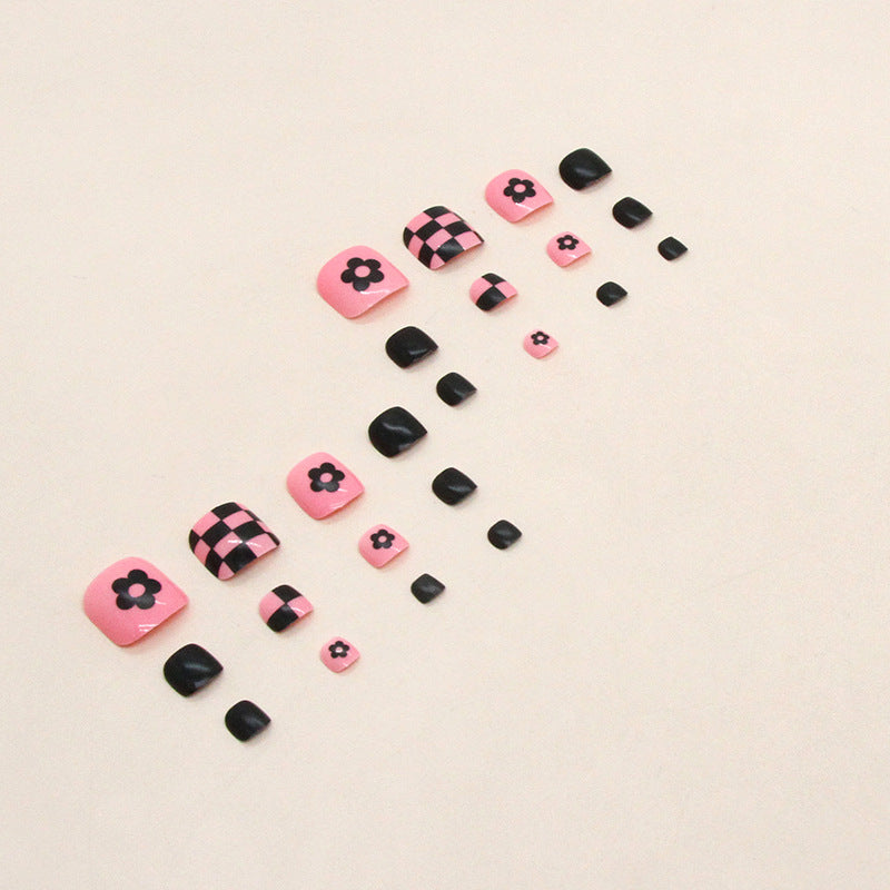 Unhas postiças para os pés, arte em forma de tabuleiro de xadrez com flores, branco, preto e rosa, unhas postiças removíveis, atacado de unhas postiças|365nails