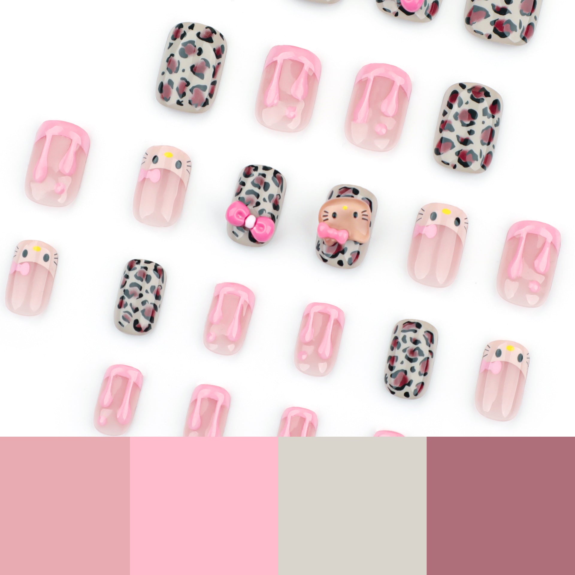 Unhas de pressão com laço de gato tridimensional, manicure francesa 3D em bolo de creme rosa, peça de unha com estampa de leopardo para outono e inverno|365nails