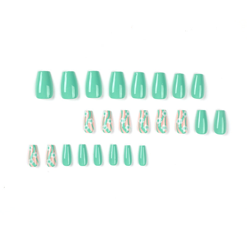 Nail Art Wholesale Short Green Wave White Flower Art Nail Piece |365nails