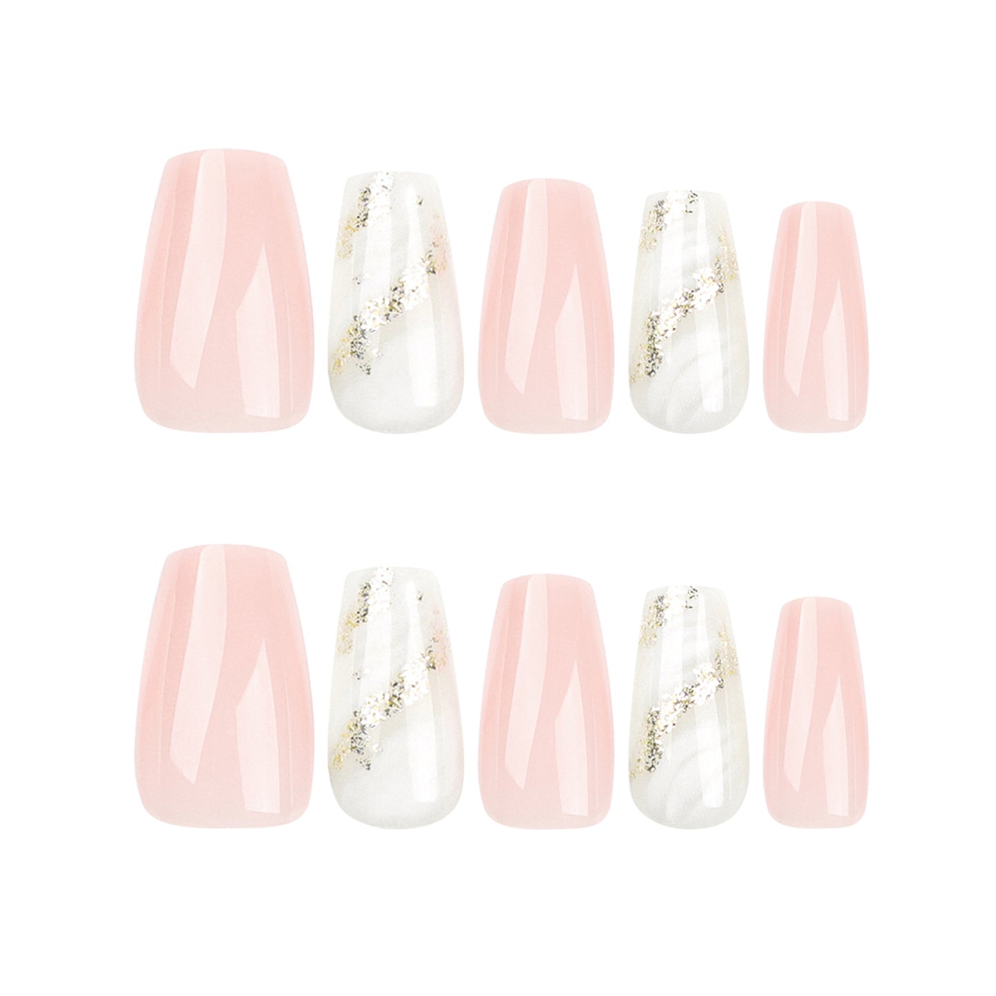 Solid color pink press on nails white smudged gold glitter streamer nail piece finished ballet removable nail art|365nails