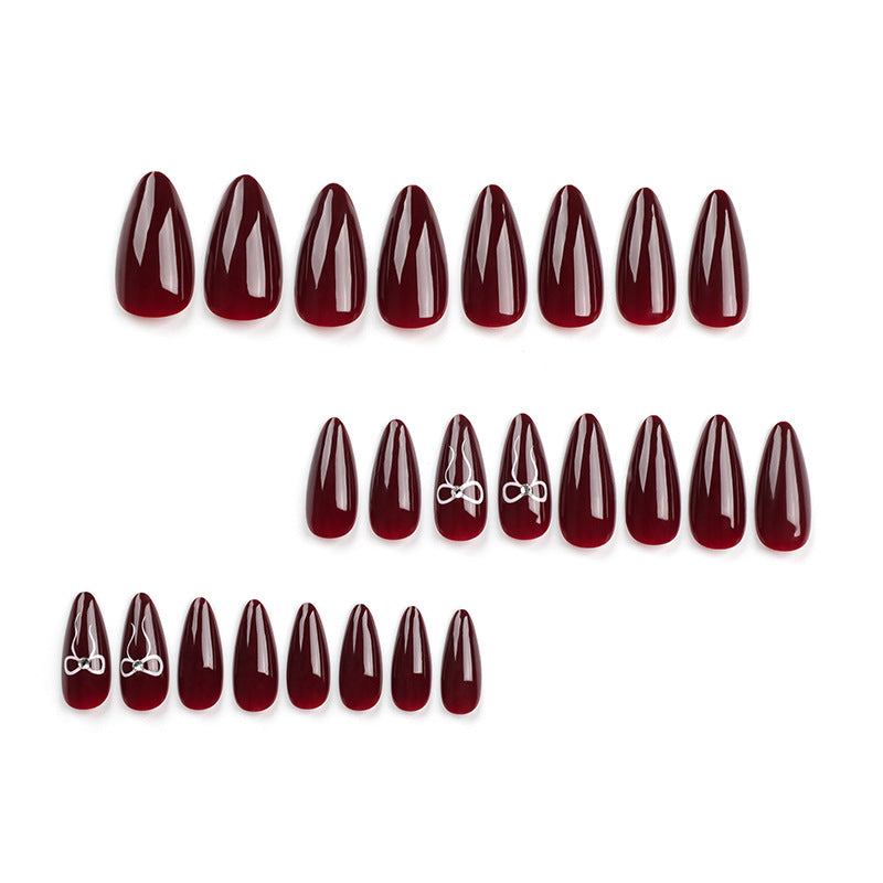 Burgundy solid color simple ins nail art piece Valentine's Day bow point diamond almond wholesale|365nails