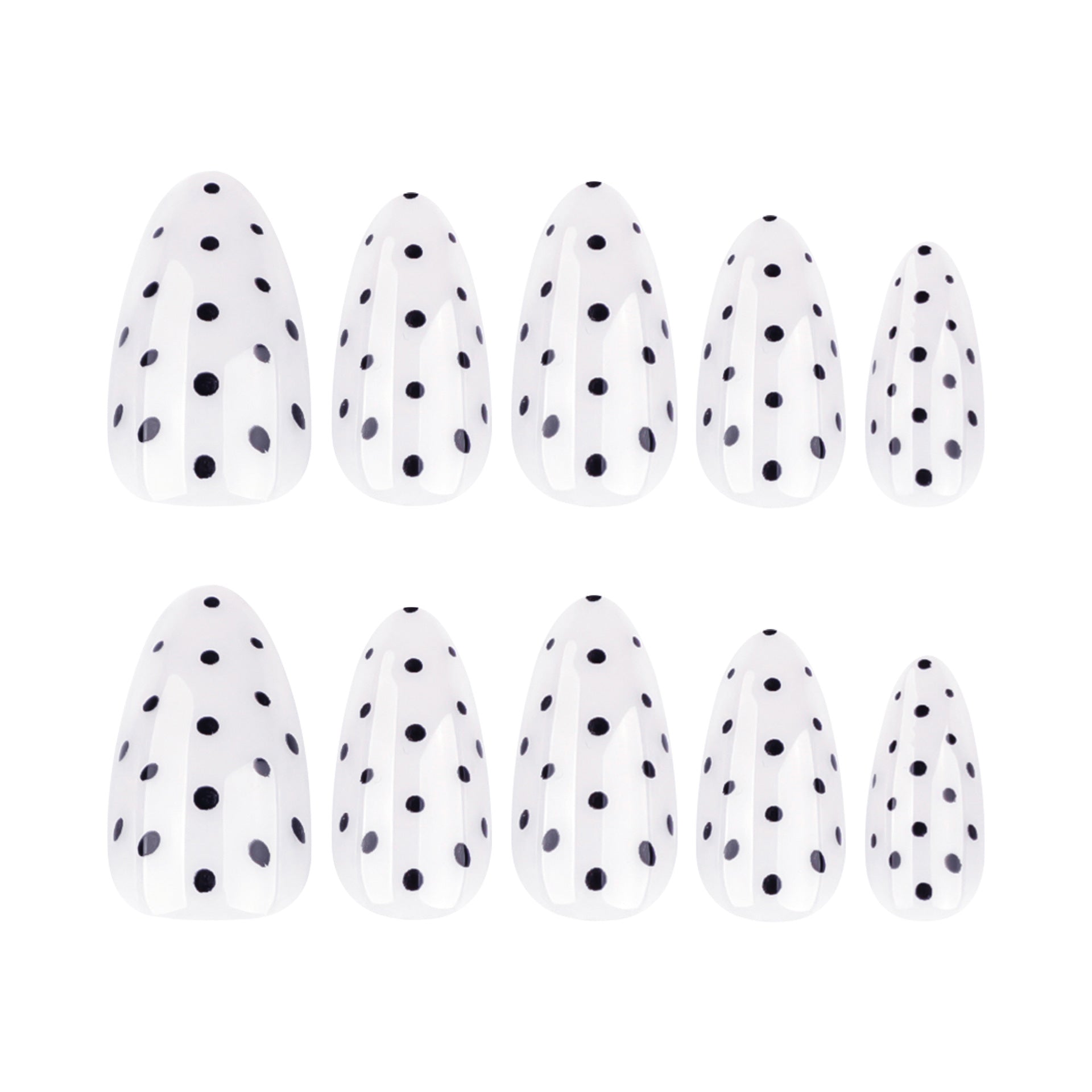 Black dots almond on white background press-on nails